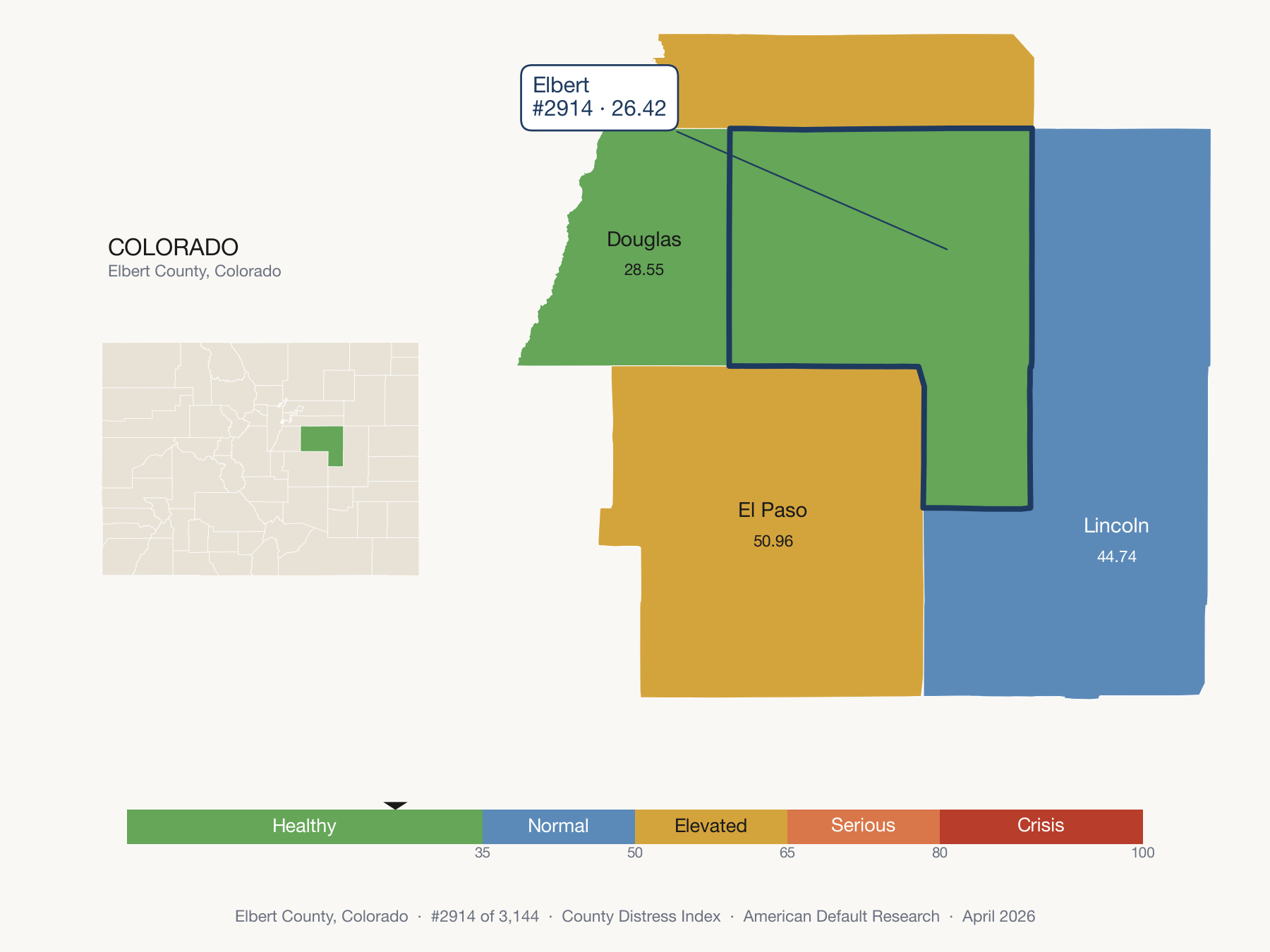 County Distress Index cluster map. Elbert County, Colorado and its neighbors colored by distress fifth.