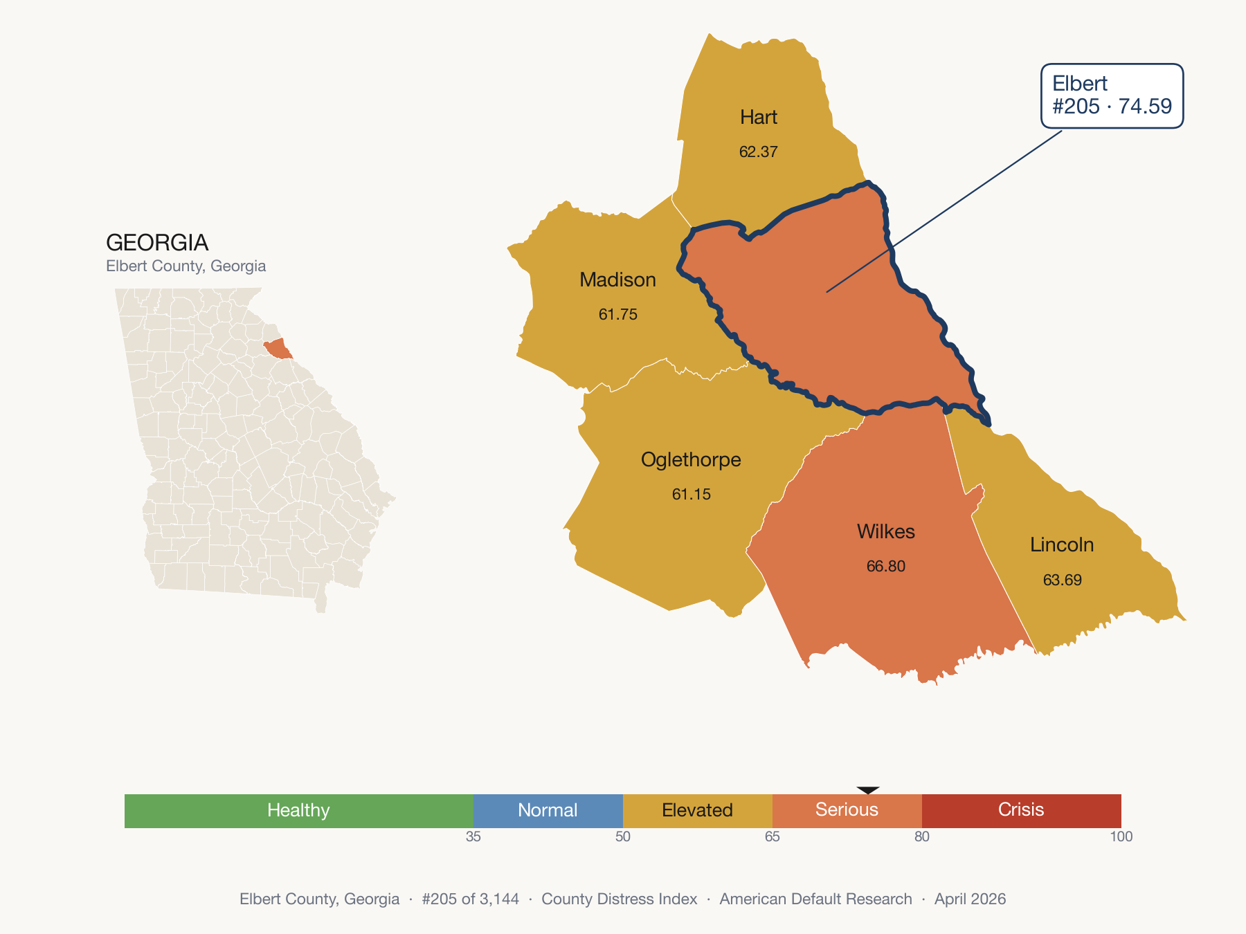County Distress Index cluster map. Elbert County, Georgia and its neighbors colored by distress fifth.