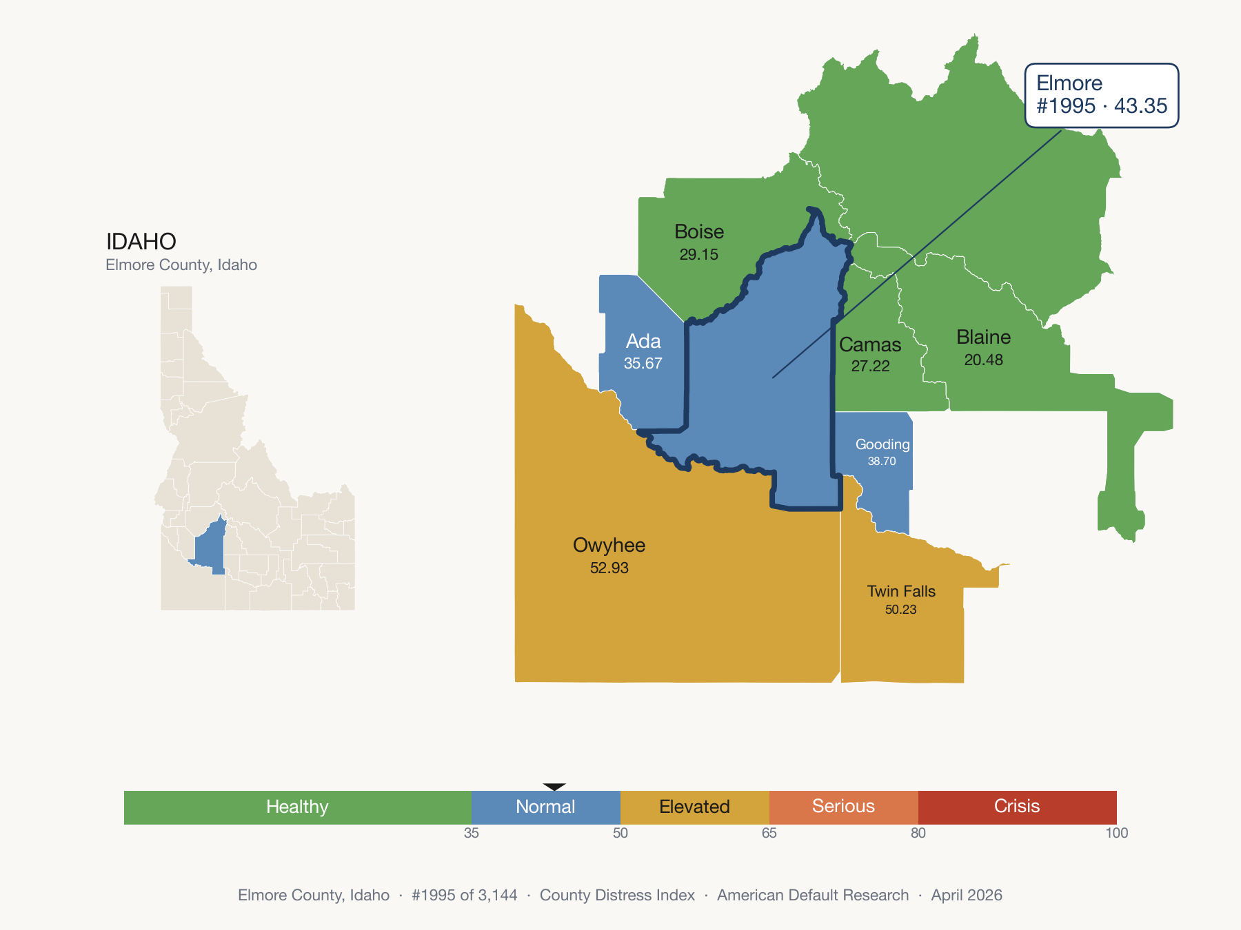 County Distress Index cluster map. Elmore County, Idaho and its neighbors colored by distress fifth.