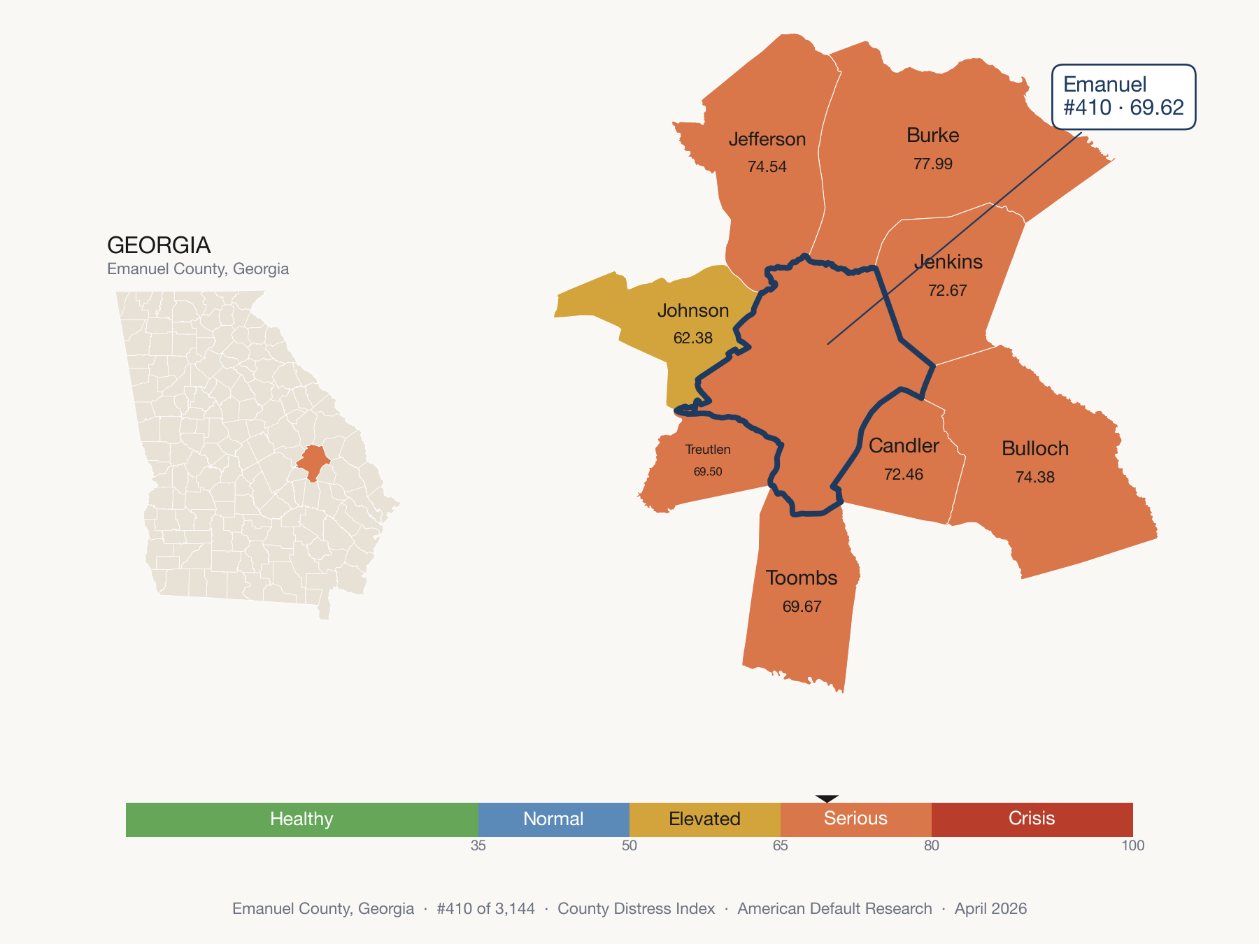 County Distress Index cluster map. Emanuel County, Georgia and its neighbors colored by distress fifth.