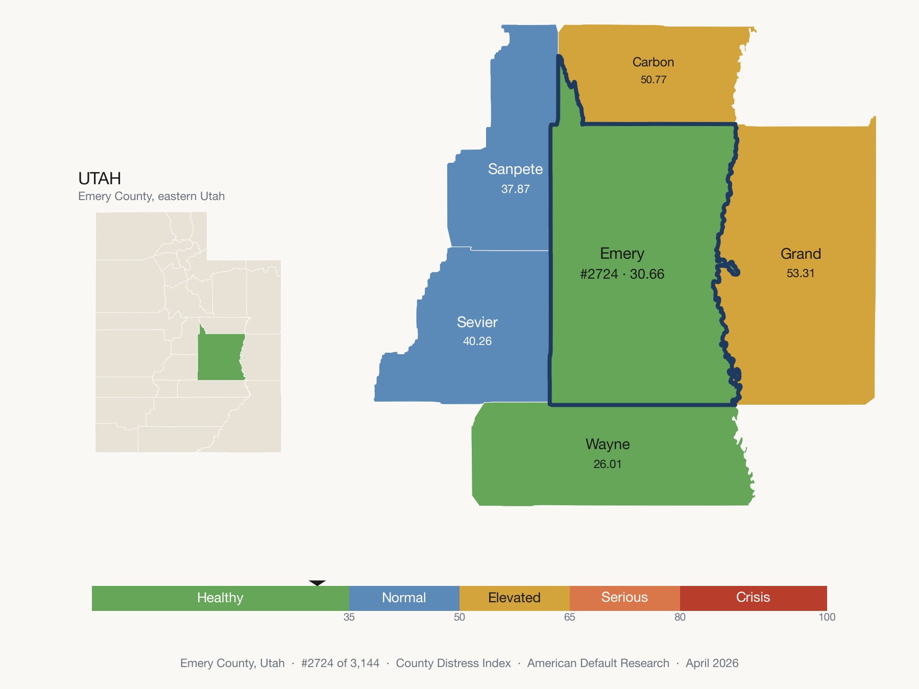 County Distress Index cluster map. Emery County, Utah and its neighbors colored by distress fifth.