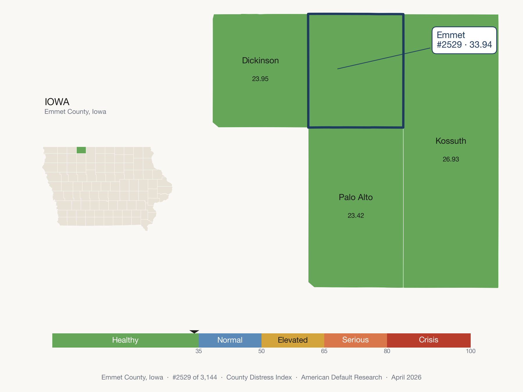 County Distress Index cluster map. Emmet County, Iowa and its neighbors colored by distress fifth.