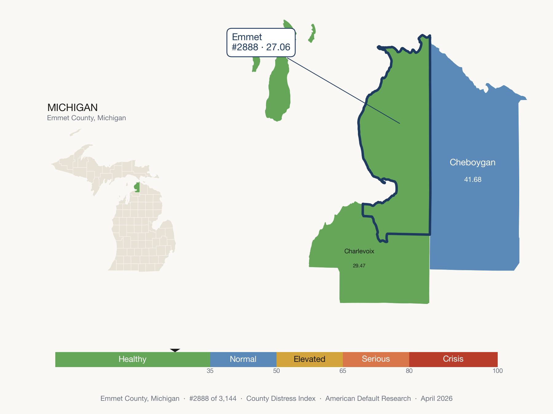 County Distress Index cluster map. Emmet County, Michigan and its neighbors colored by distress fifth.