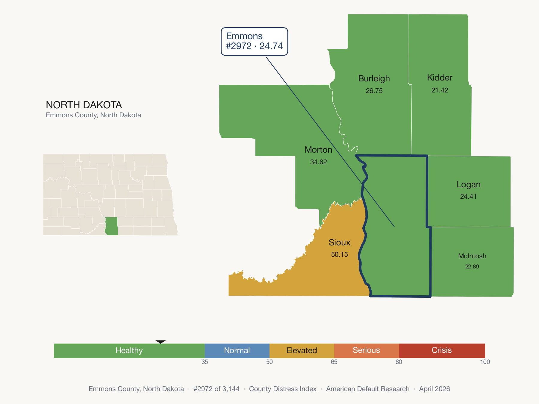 County Distress Index cluster map. Emmons County, North Dakota and its neighbors colored by distress fifth.