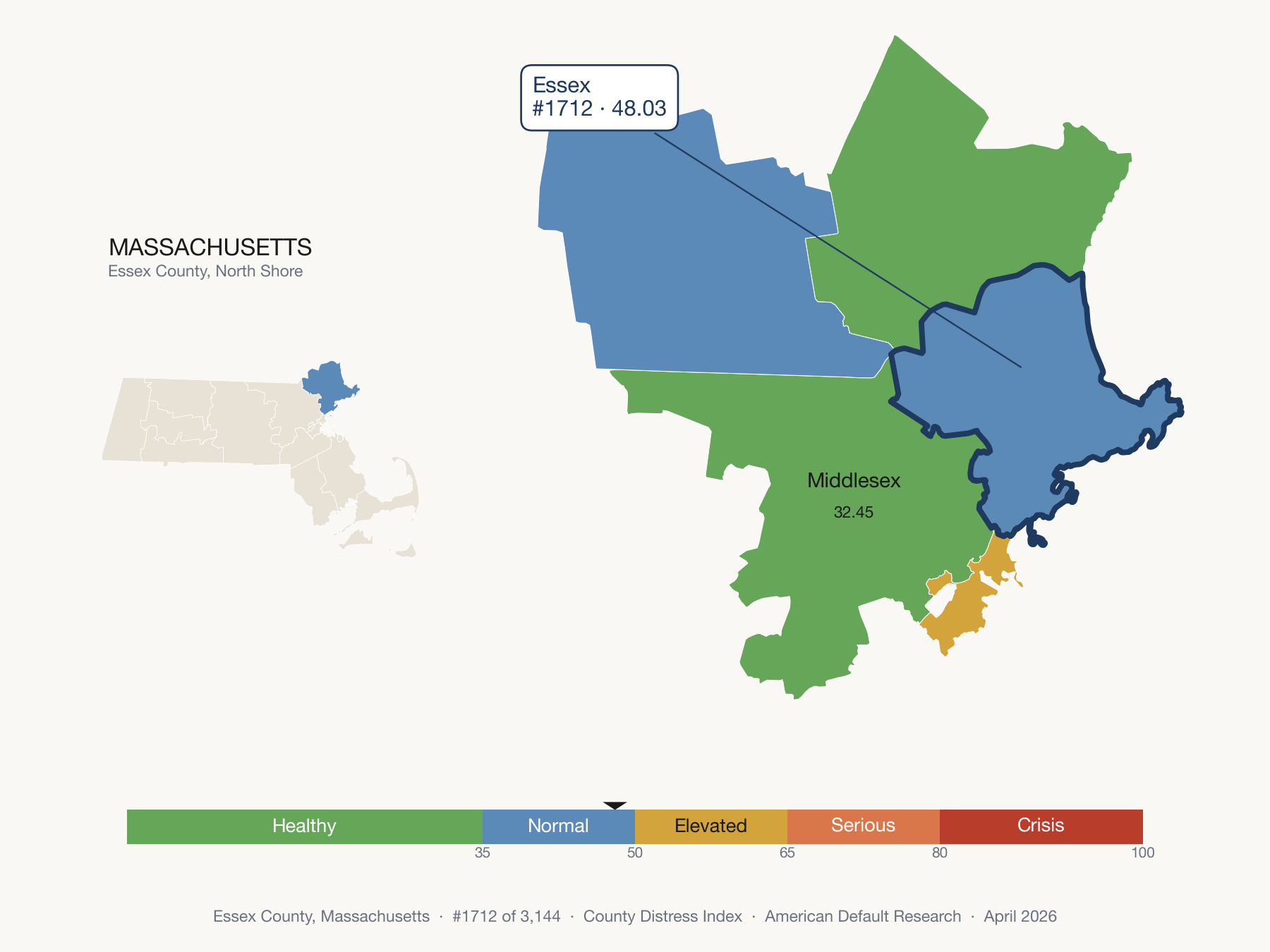 County Distress Index cluster map. Essex County, Massachusetts and its neighbors colored by distress fifth.