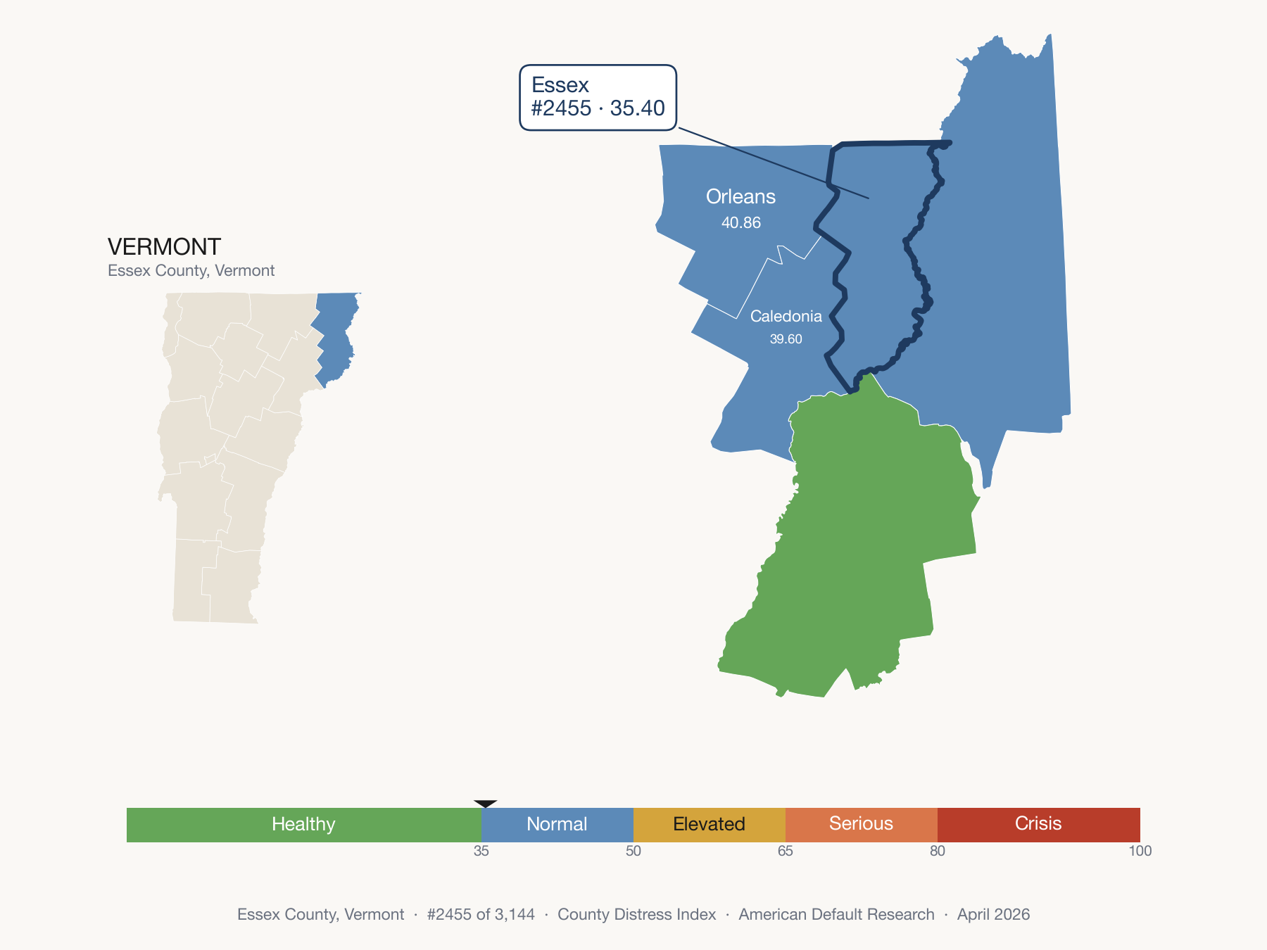 County Distress Index cluster map. Essex County, Vermont and its neighbors colored by distress fifth.