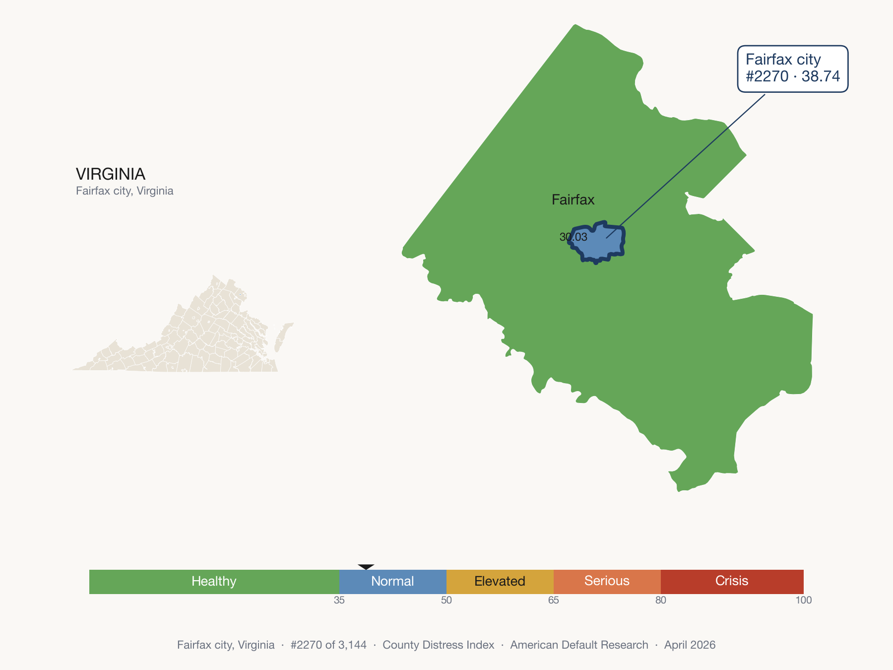County Distress Index cluster map. Fairfax city, Virginia and its neighbors colored by distress fifth.