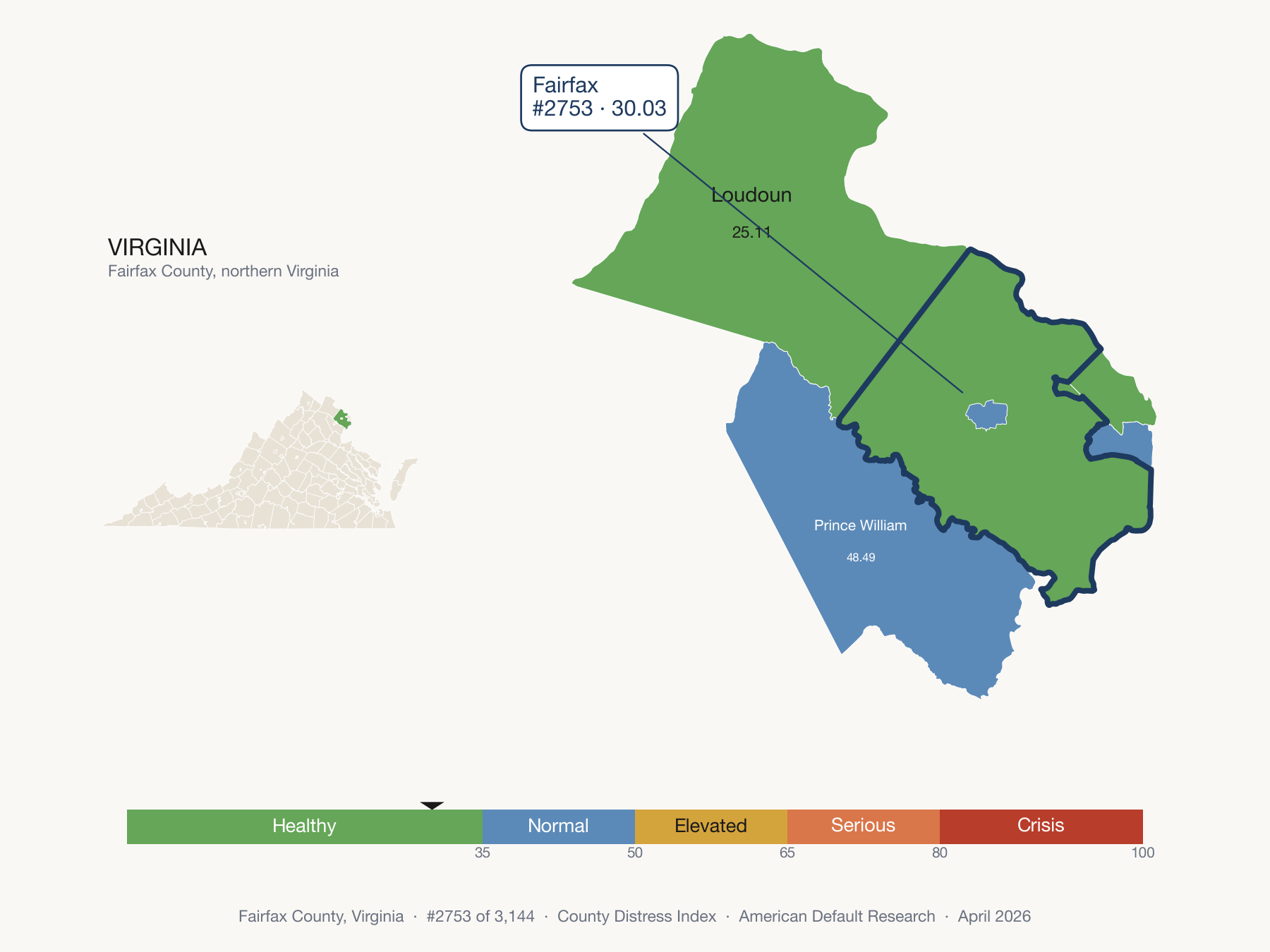 County Distress Index cluster map. Fairfax County, Virginia and its neighbors colored by distress fifth.