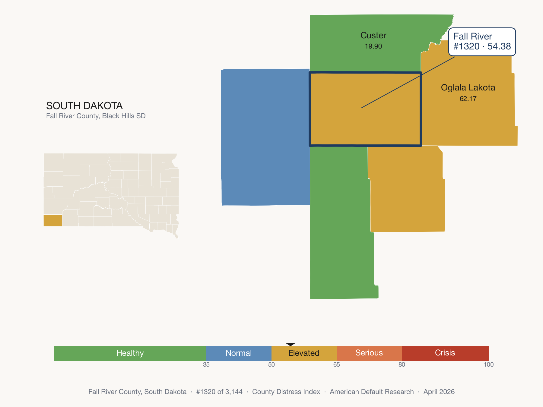 County Distress Index cluster map. Fall River County, South Dakota and its neighbors colored by distress fifth.