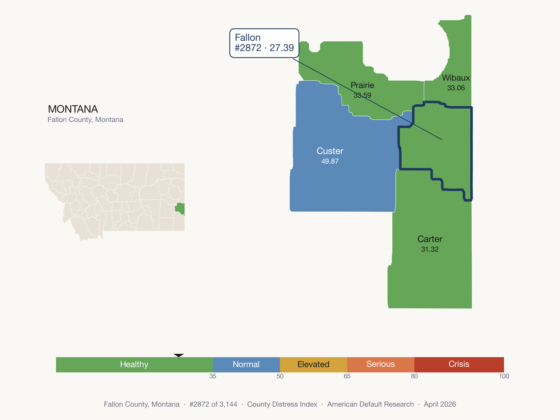 County Distress Index cluster map. Fallon County, Montana and its neighbors colored by distress fifth.