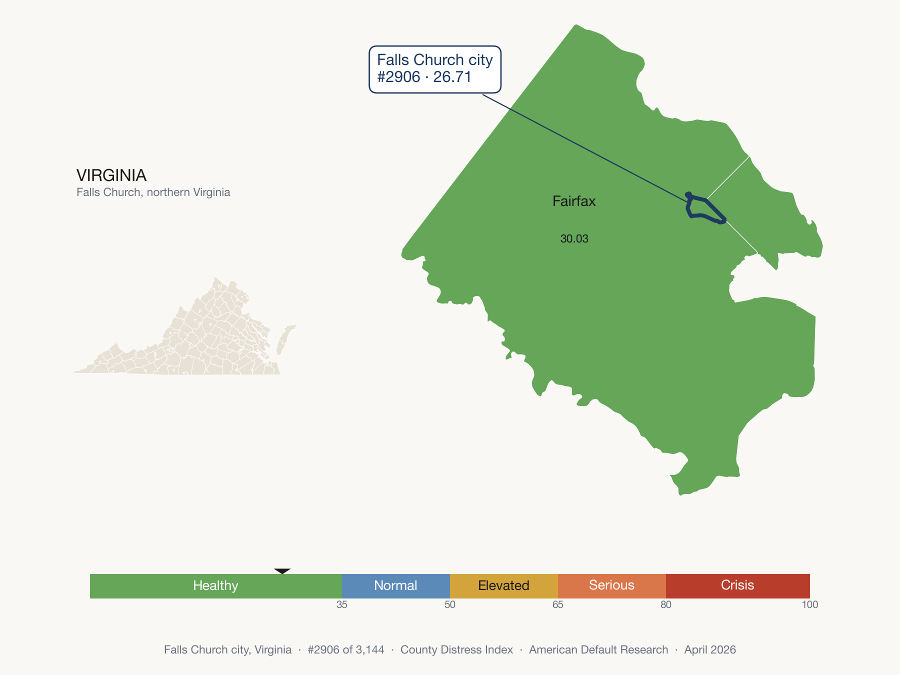 County Distress Index cluster map. Falls Church city, Virginia and its neighbors colored by distress fifth.