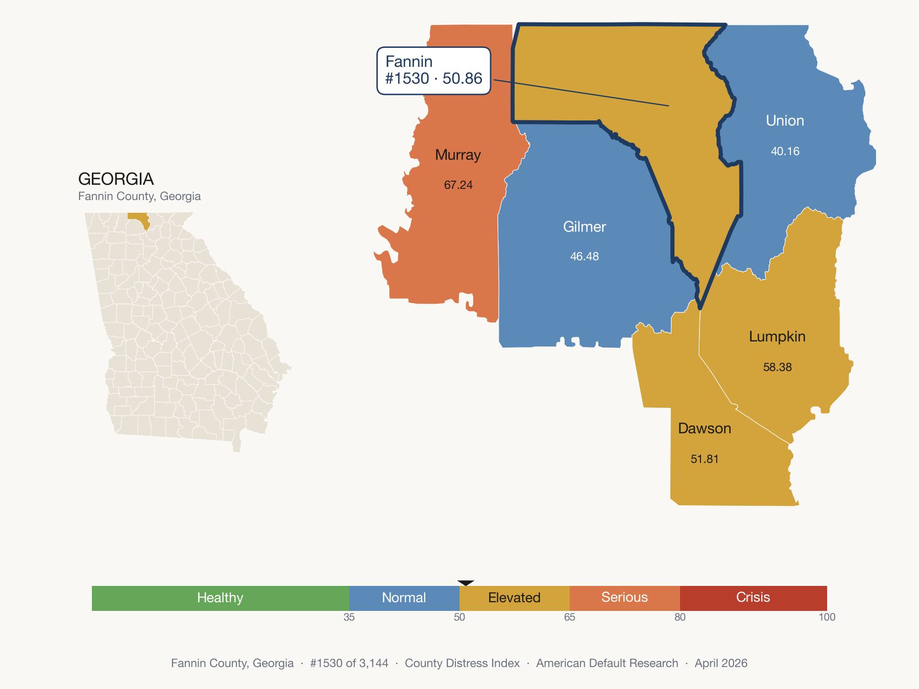 County Distress Index cluster map. Fannin County, Georgia and its neighbors colored by distress fifth.