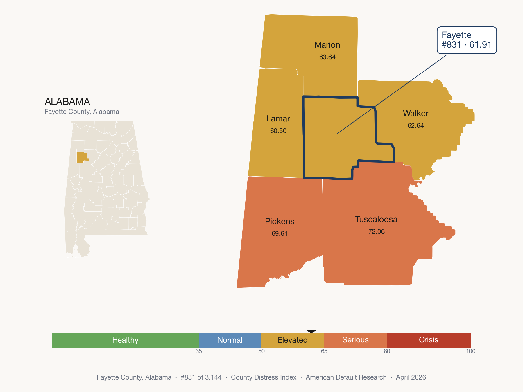 County Distress Index cluster map. Fayette County, Alabama and its neighbors colored by distress fifth.