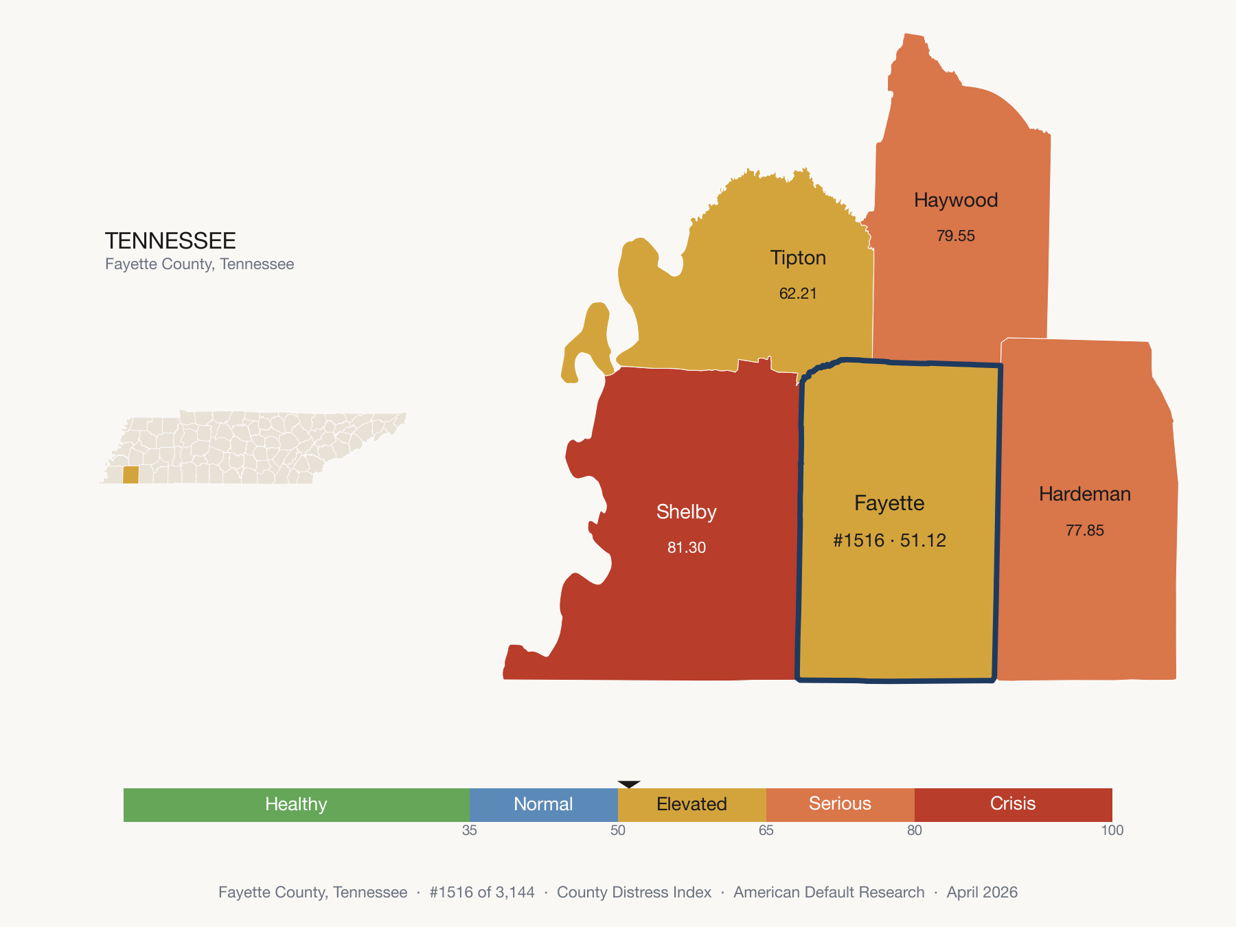 County Distress Index cluster map. Fayette County, Tennessee and its neighbors colored by distress fifth.