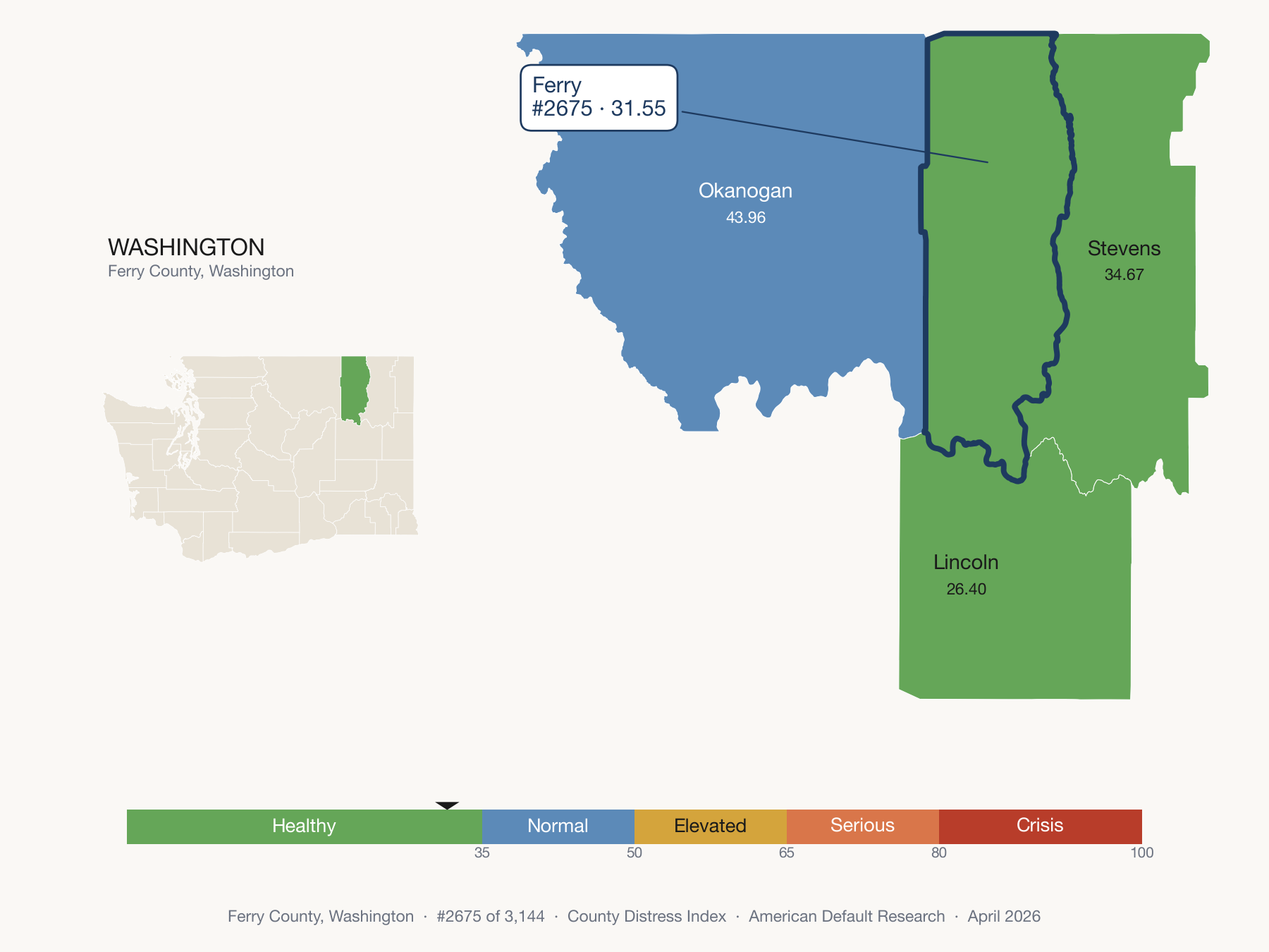 County Distress Index cluster map. Ferry County, Washington and its neighbors colored by distress fifth.