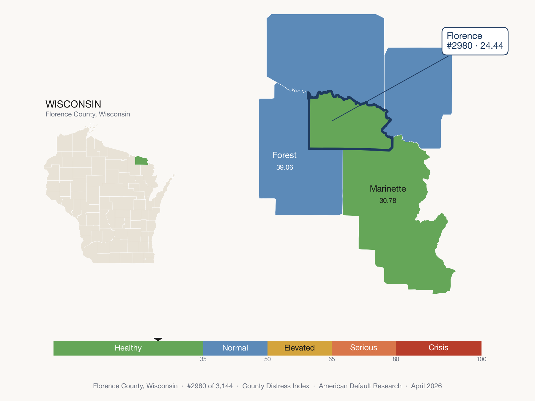 County Distress Index cluster map. Florence County, Wisconsin and its neighbors colored by distress fifth.