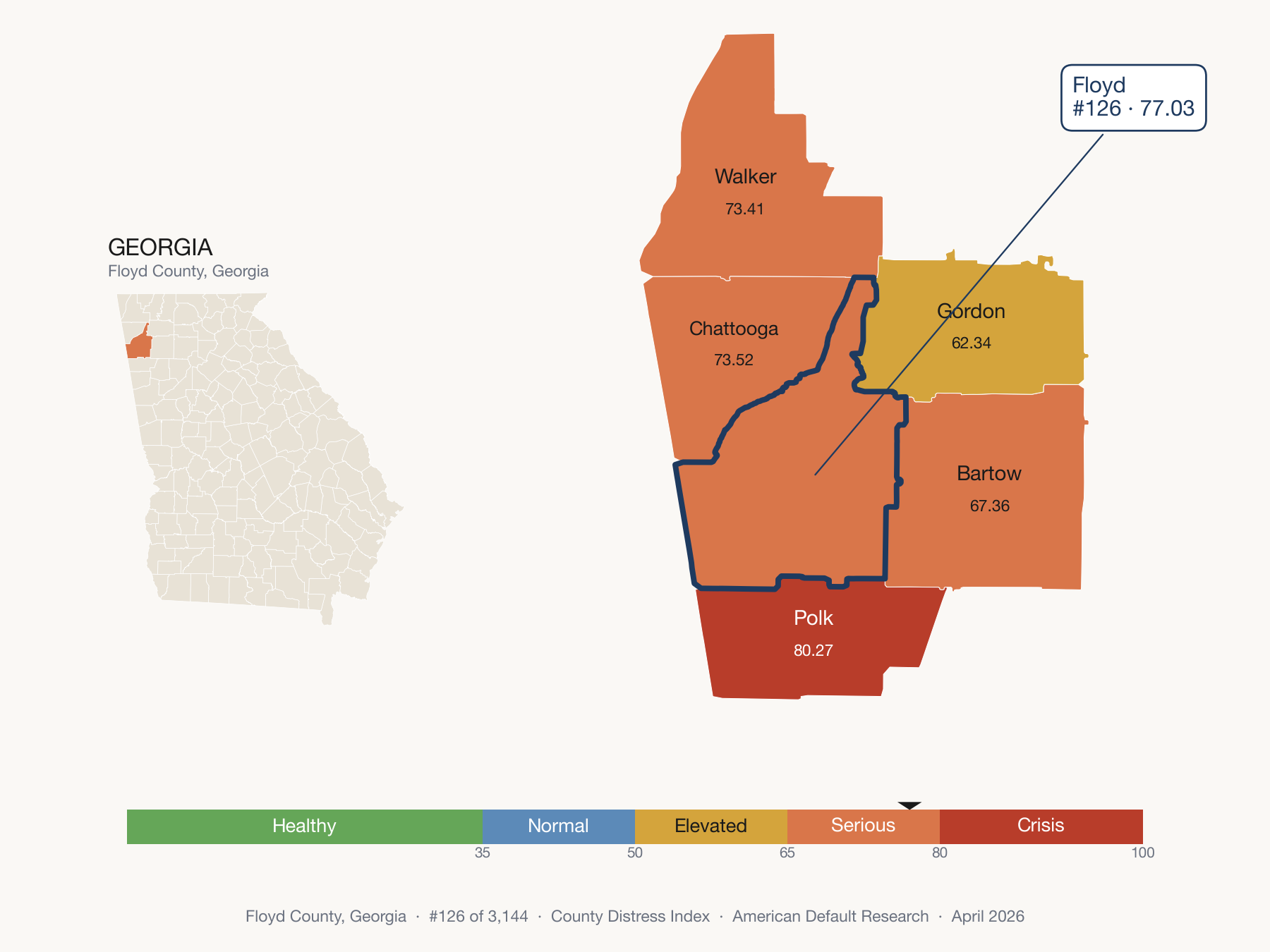 County Distress Index cluster map. Floyd County, Georgia and its neighbors colored by distress fifth.