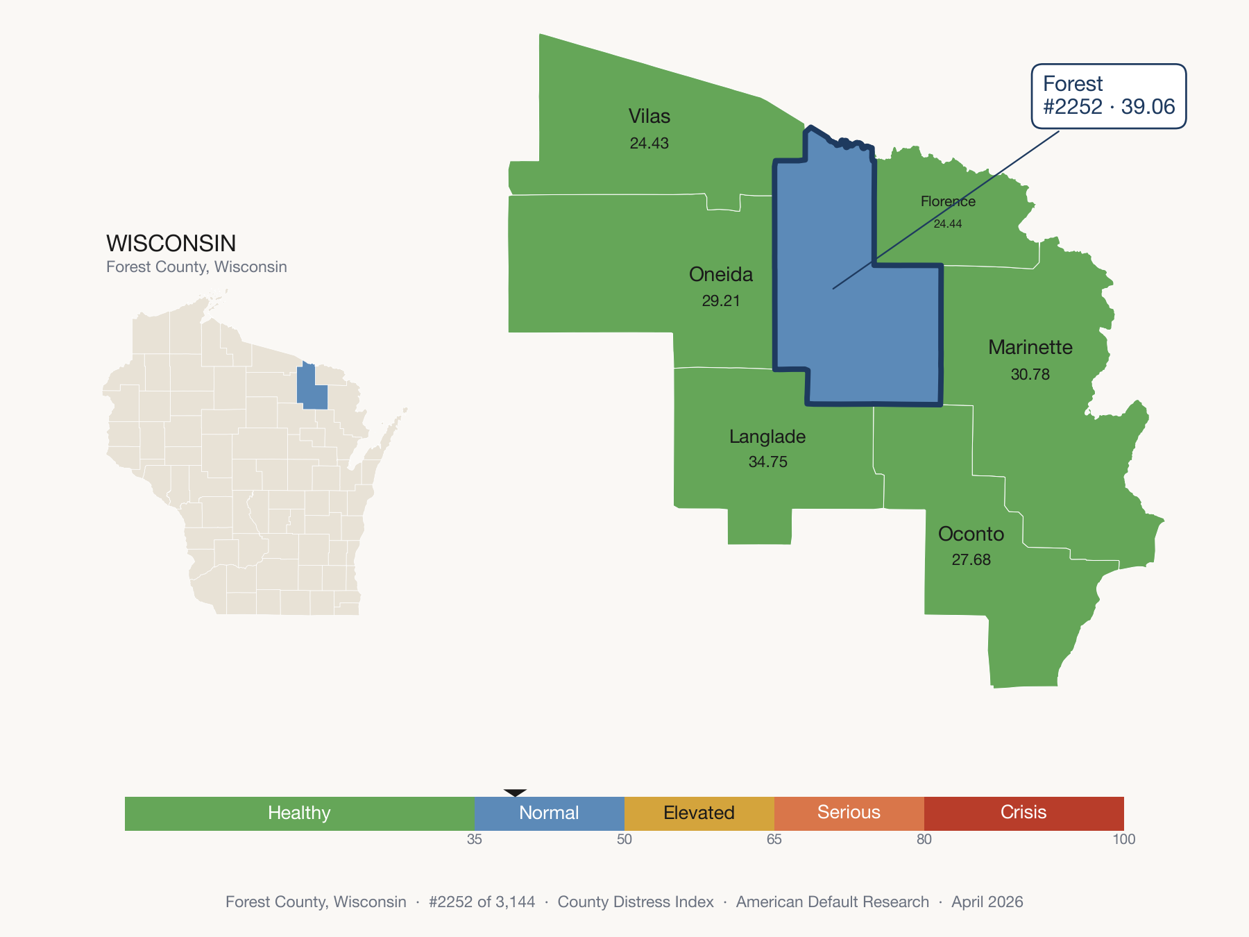County Distress Index cluster map. Forest County, Wisconsin and its neighbors colored by distress fifth.