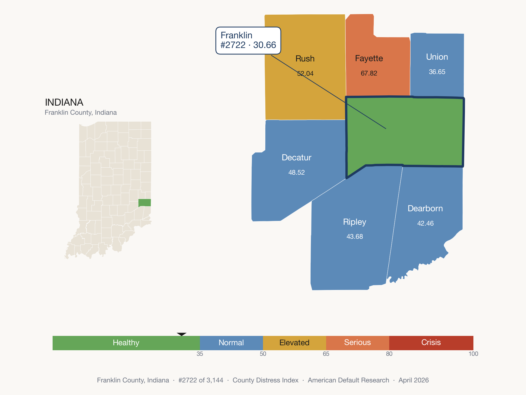 County Distress Index cluster map. Franklin County, Indiana and its neighbors colored by distress fifth.