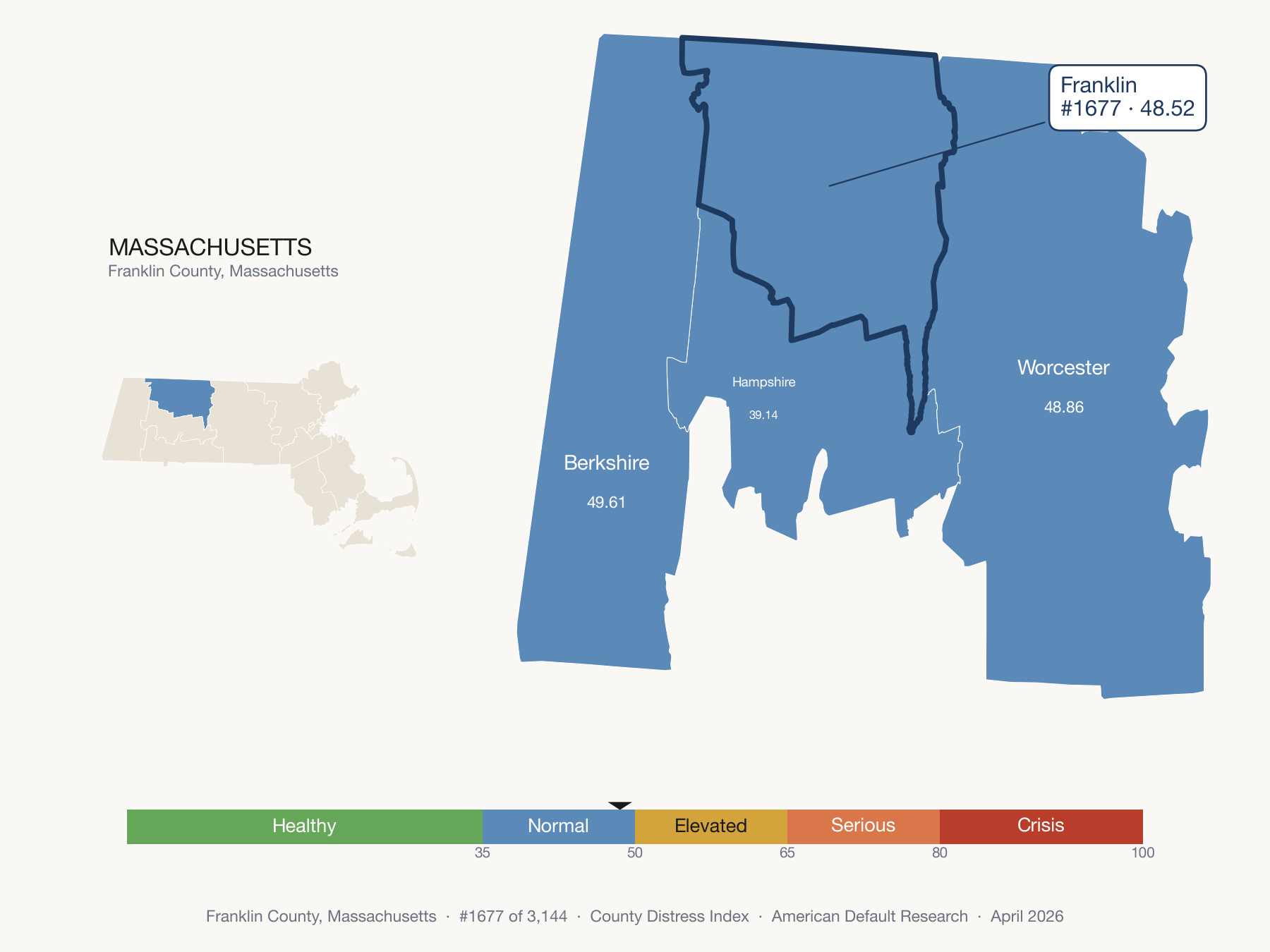 County Distress Index cluster map. Franklin County, Massachusetts and its neighbors colored by distress fifth.
