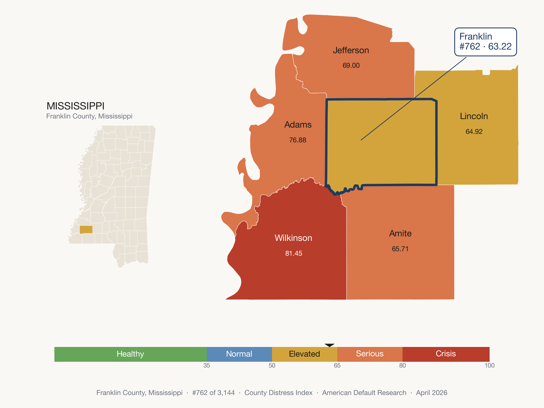 County Distress Index cluster map. Franklin County, Mississippi and its neighbors colored by distress fifth.