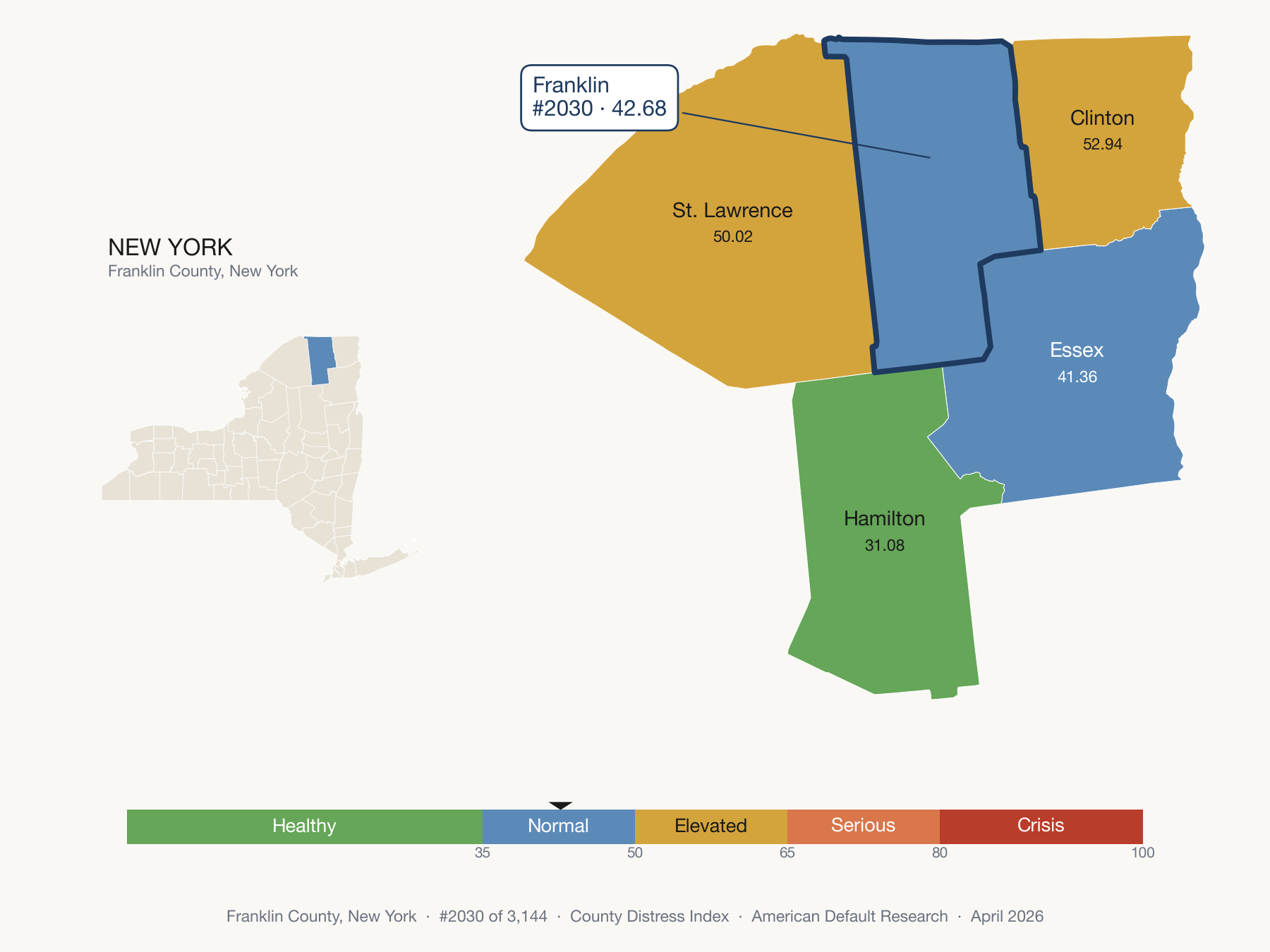 County Distress Index cluster map. Franklin County, New York and its neighbors colored by distress fifth.