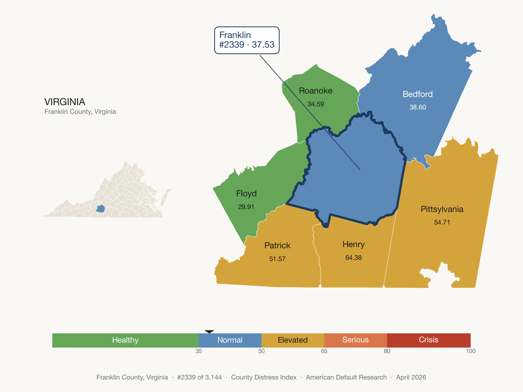 County Distress Index cluster map. Franklin County, Virginia and its neighbors colored by distress fifth.
