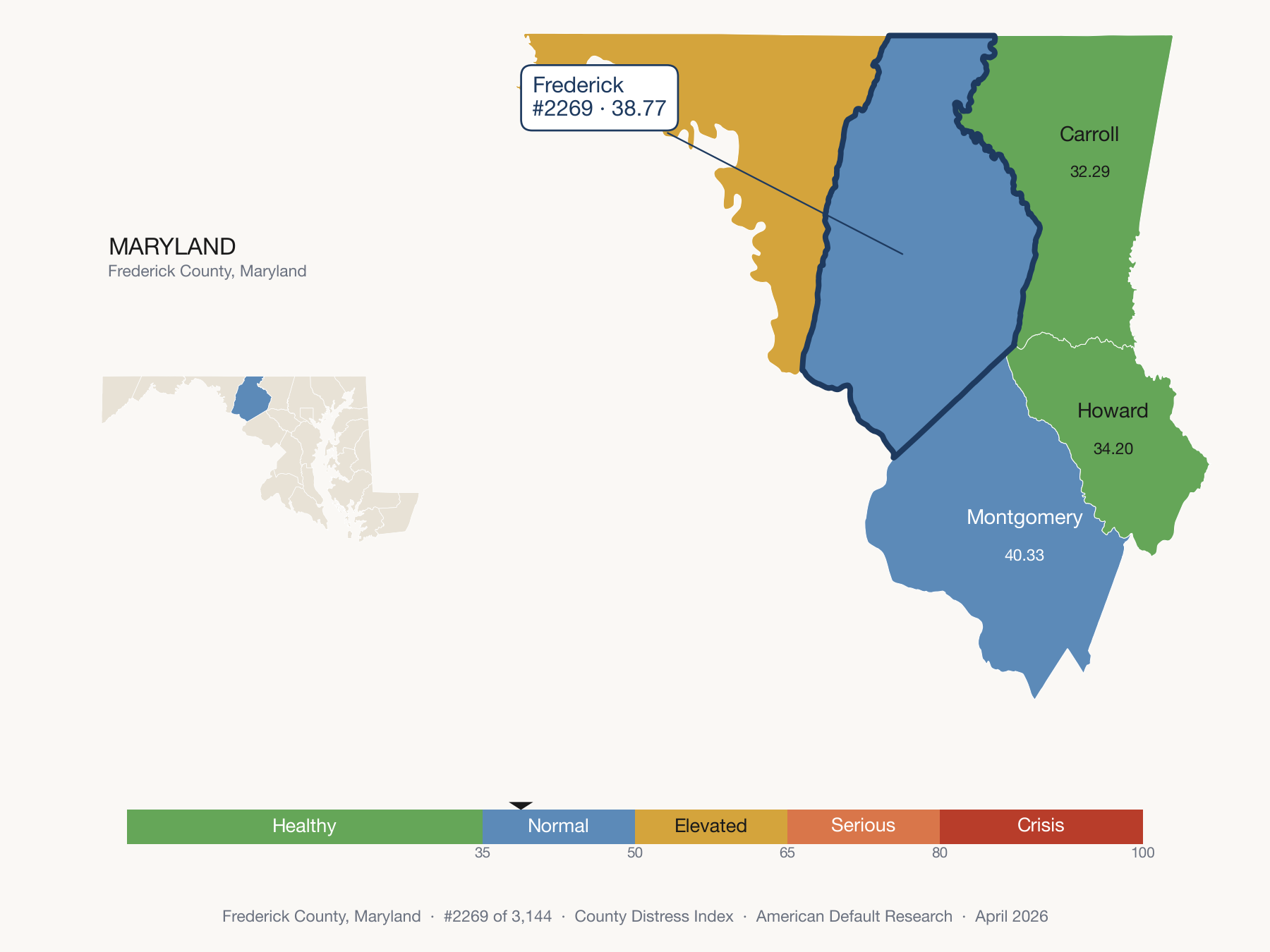 County Distress Index cluster map. Frederick County, Maryland and its neighbors colored by distress fifth.