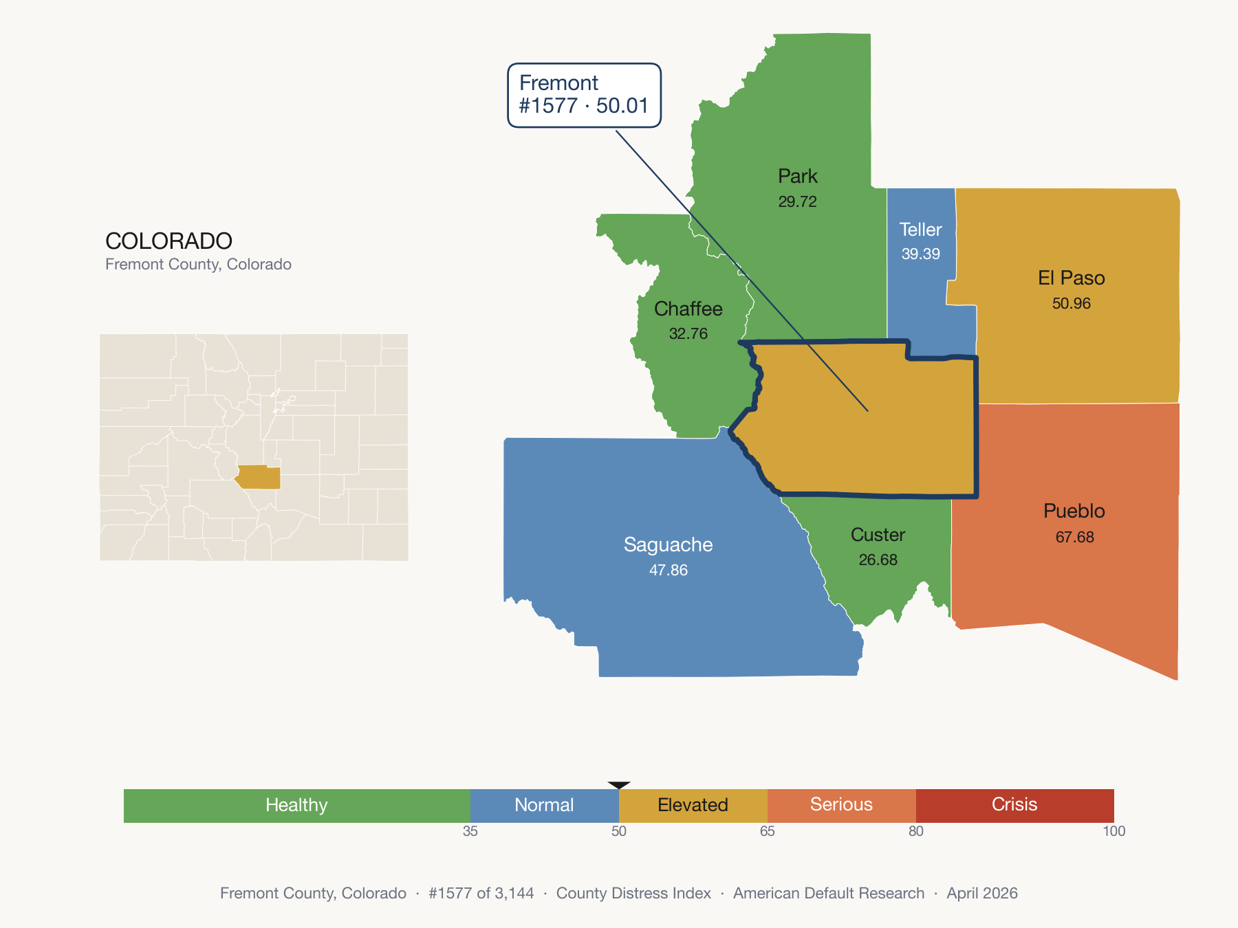 County Distress Index cluster map. Fremont County, Colorado and its neighbors colored by distress fifth.