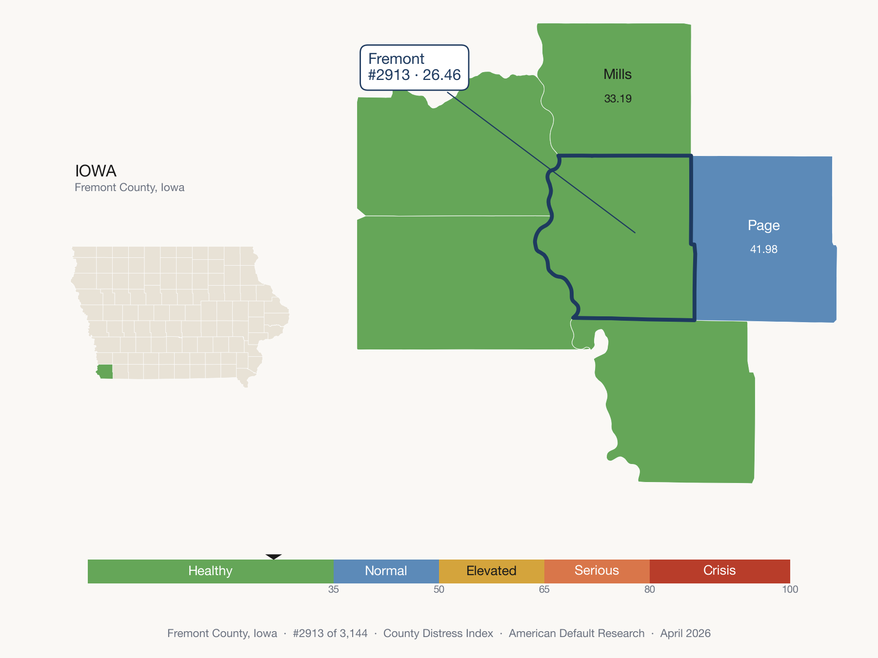 County Distress Index cluster map. Fremont County, Iowa and its neighbors colored by distress fifth.