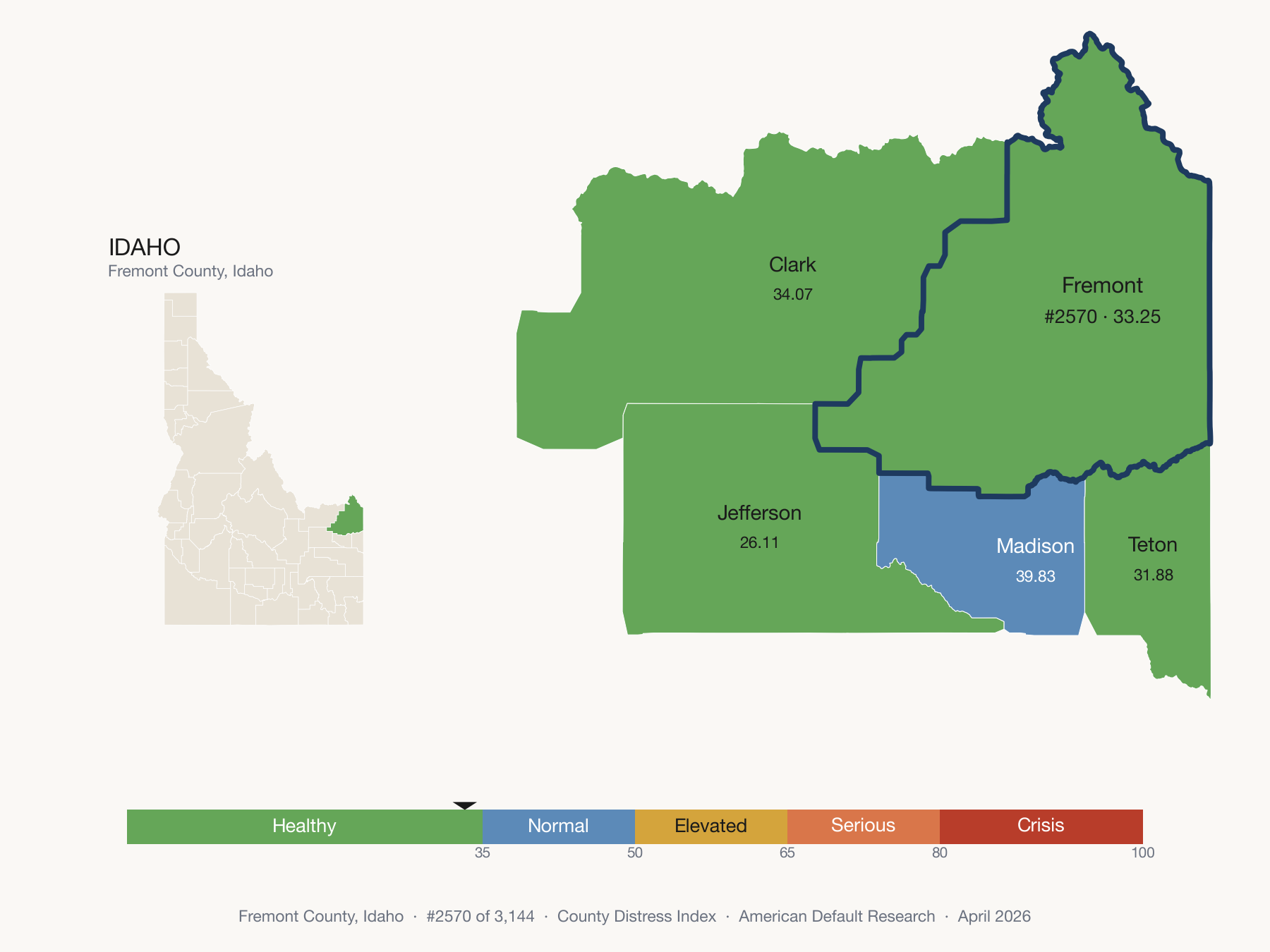 County Distress Index cluster map. Fremont County, Idaho and its neighbors colored by distress fifth.