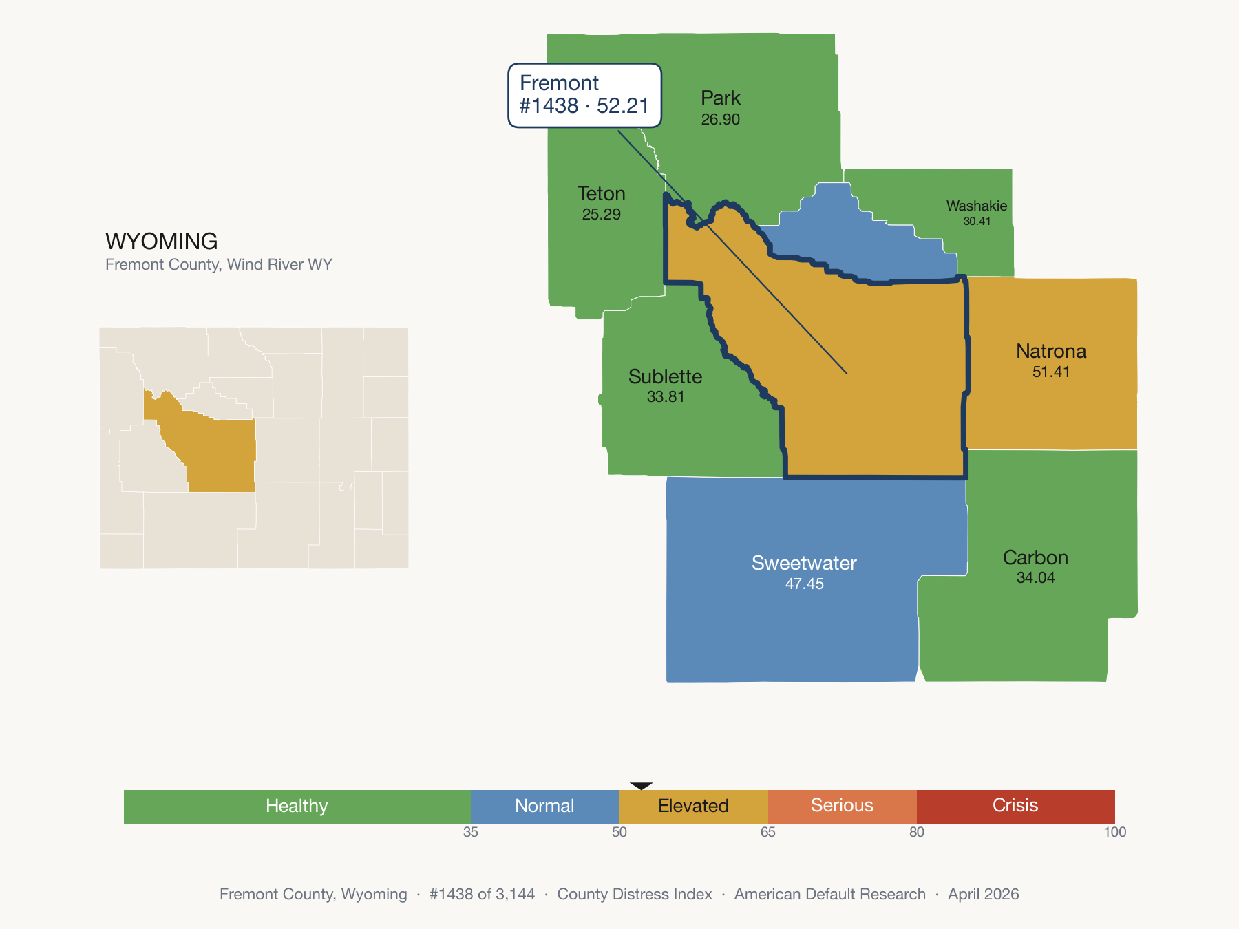 County Distress Index cluster map. Fremont County, Wyoming and its neighbors colored by distress fifth.