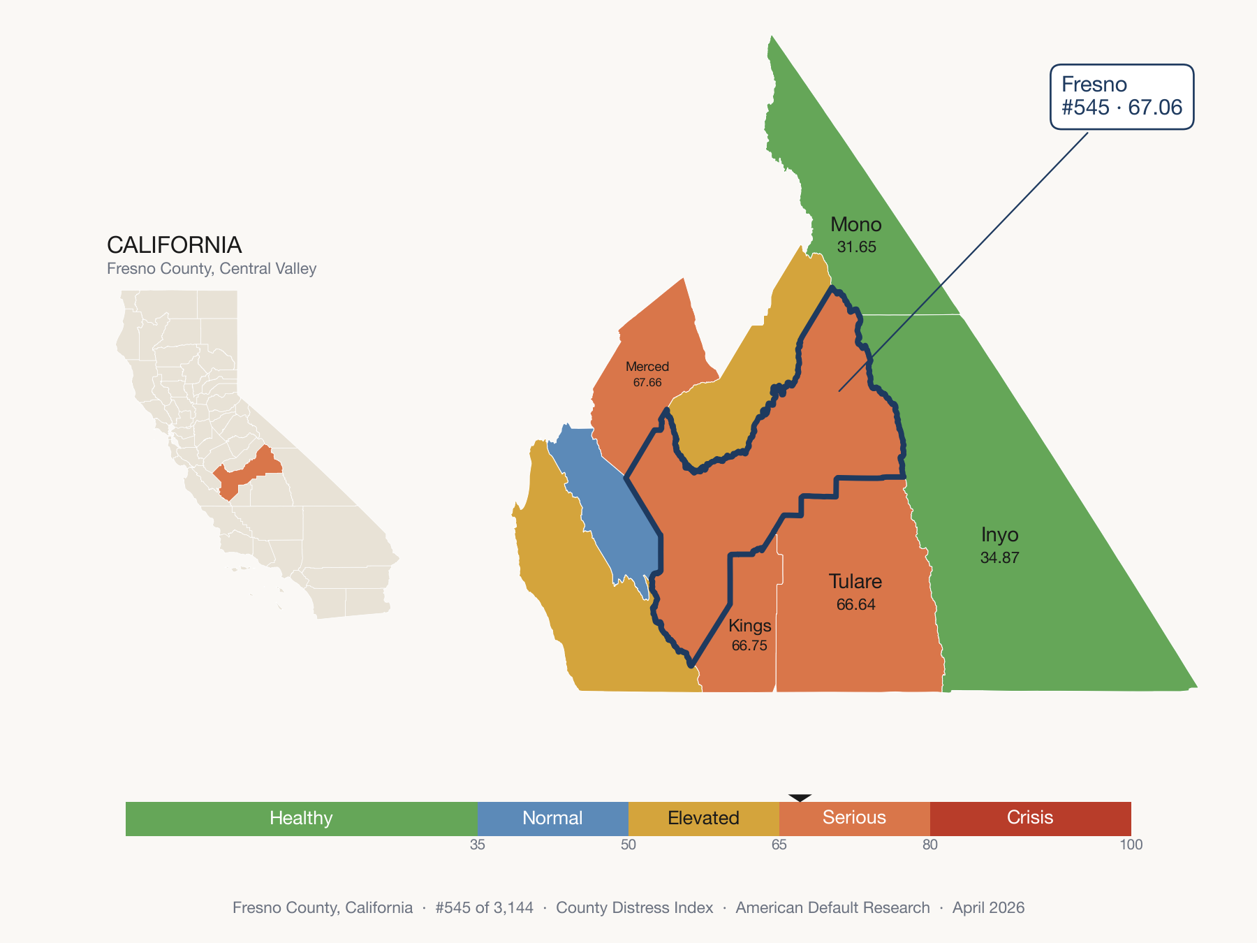 County Distress Index cluster map. Fresno County, California and its neighbors colored by distress fifth.