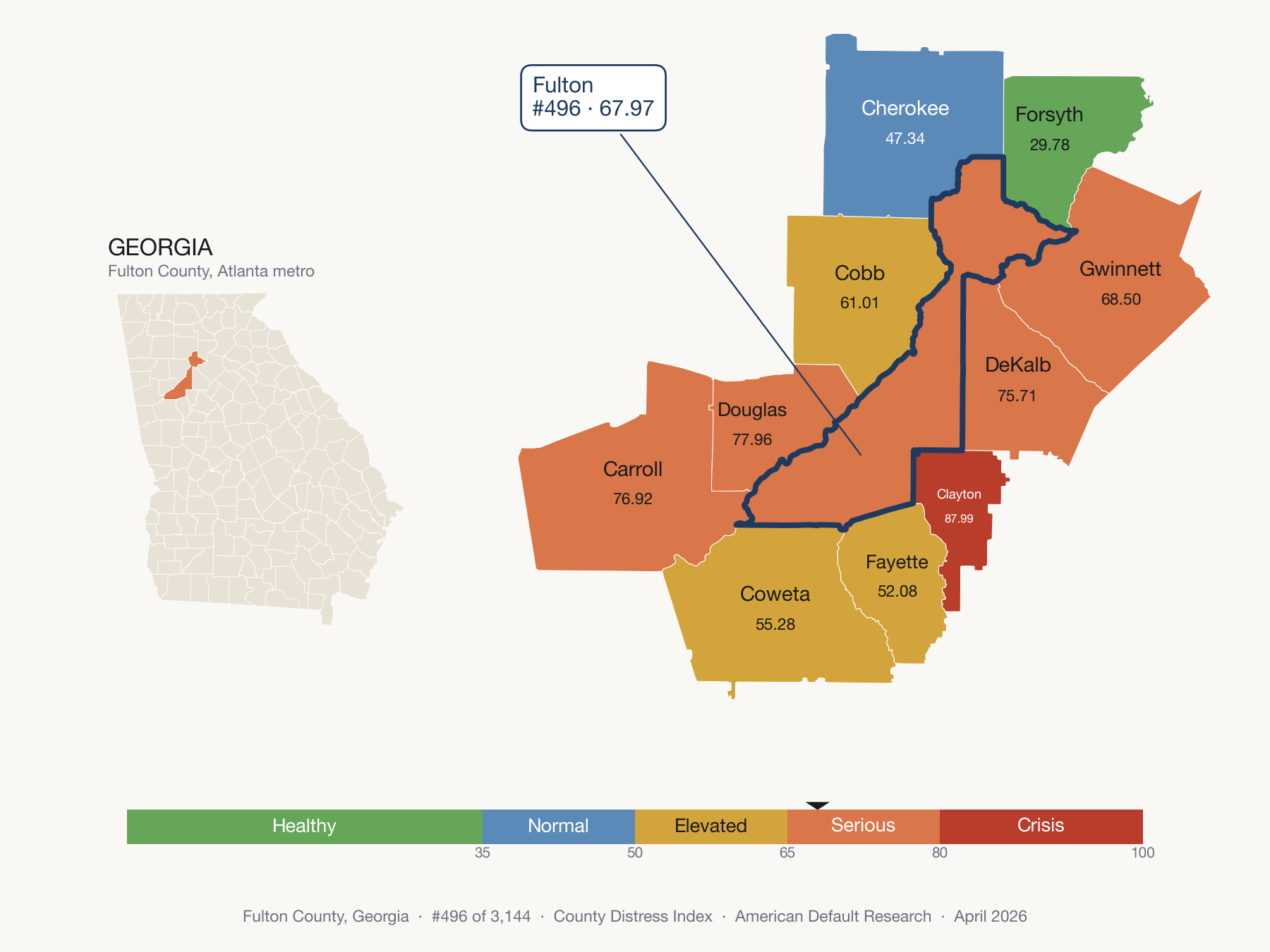 County Distress Index cluster map. Fulton County, Georgia and its neighbors colored by distress fifth.