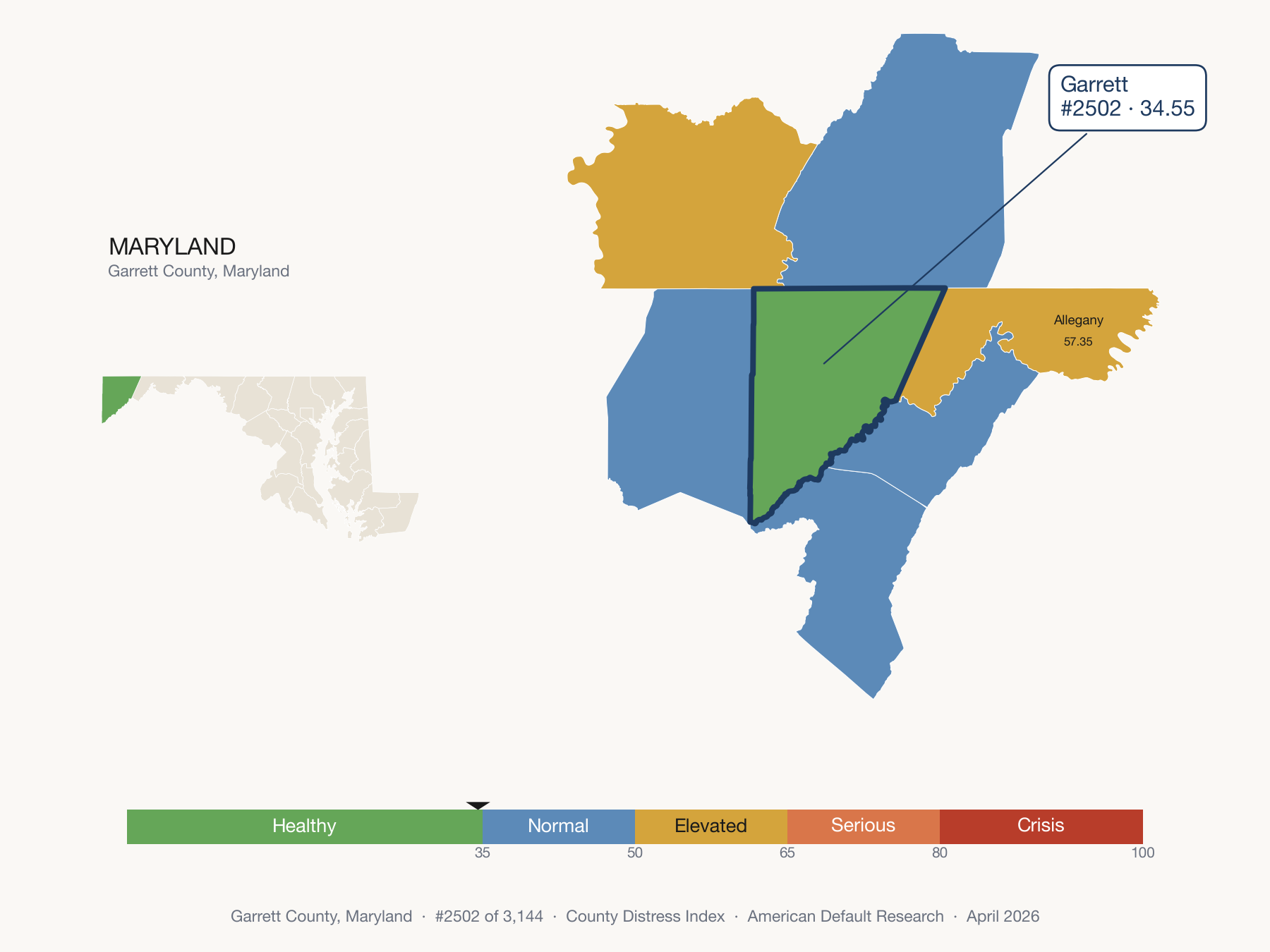 County Distress Index cluster map. Garrett County, Maryland and its neighbors colored by distress fifth.