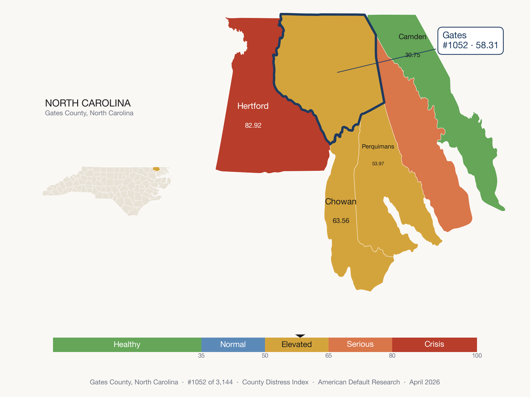 County Distress Index cluster map. Gates County, North Carolina and its neighbors colored by distress fifth.