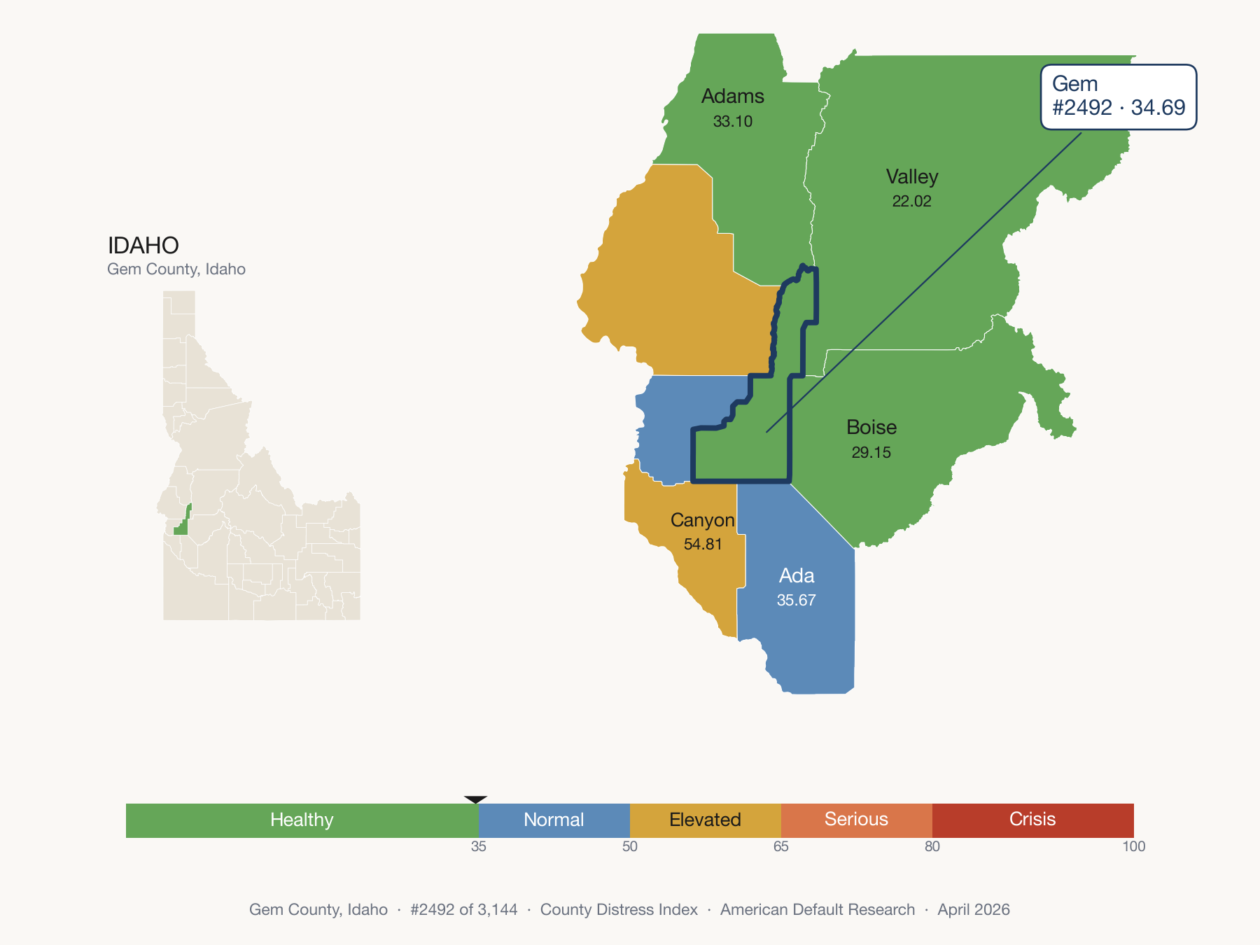 County Distress Index cluster map. Gem County, Idaho and its neighbors colored by distress fifth.