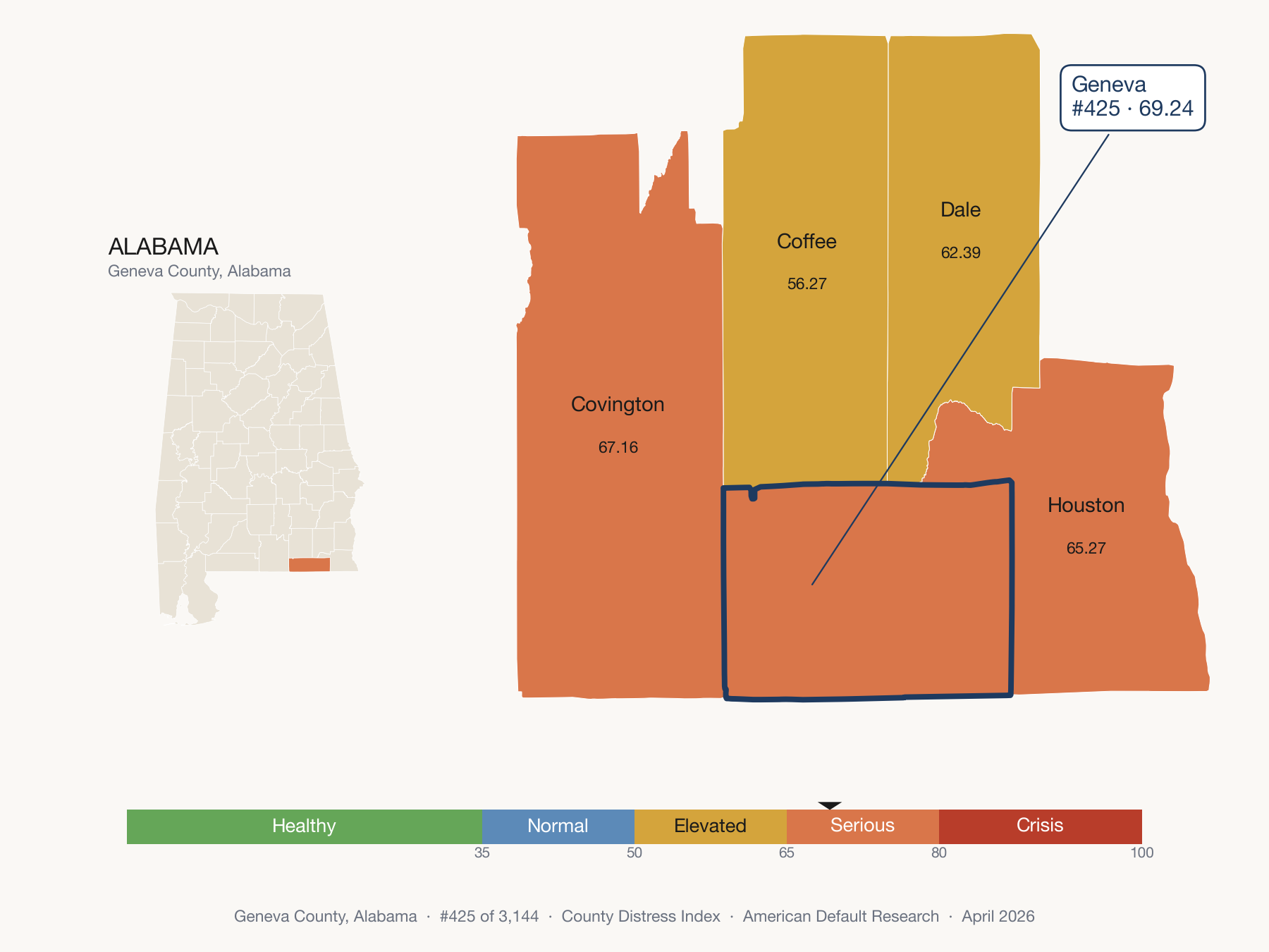 County Distress Index cluster map. Geneva County, Alabama and its neighbors colored by distress fifth.