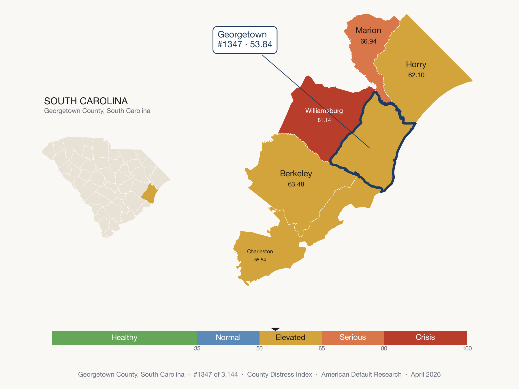 County Distress Index cluster map. Georgetown County, South Carolina and its neighbors colored by distress fifth.