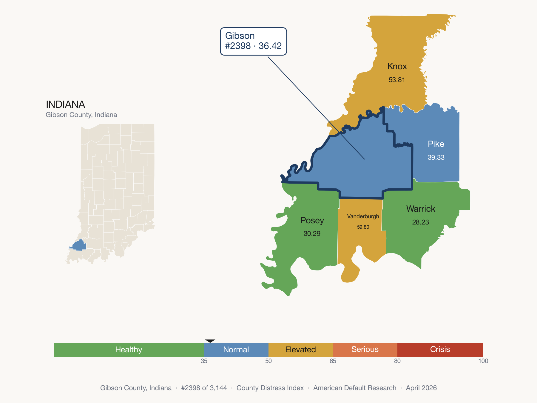 County Distress Index cluster map. Gibson County, Indiana and its neighbors colored by distress fifth.