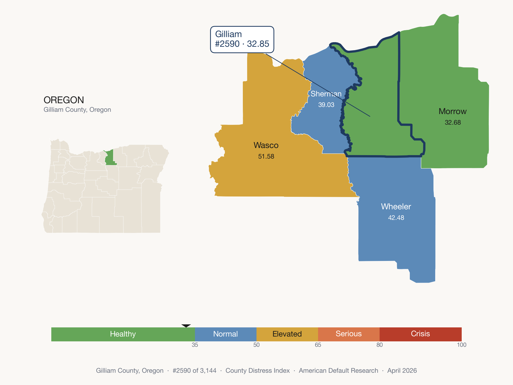 County Distress Index cluster map. Gilliam County, Oregon and its neighbors colored by distress fifth.