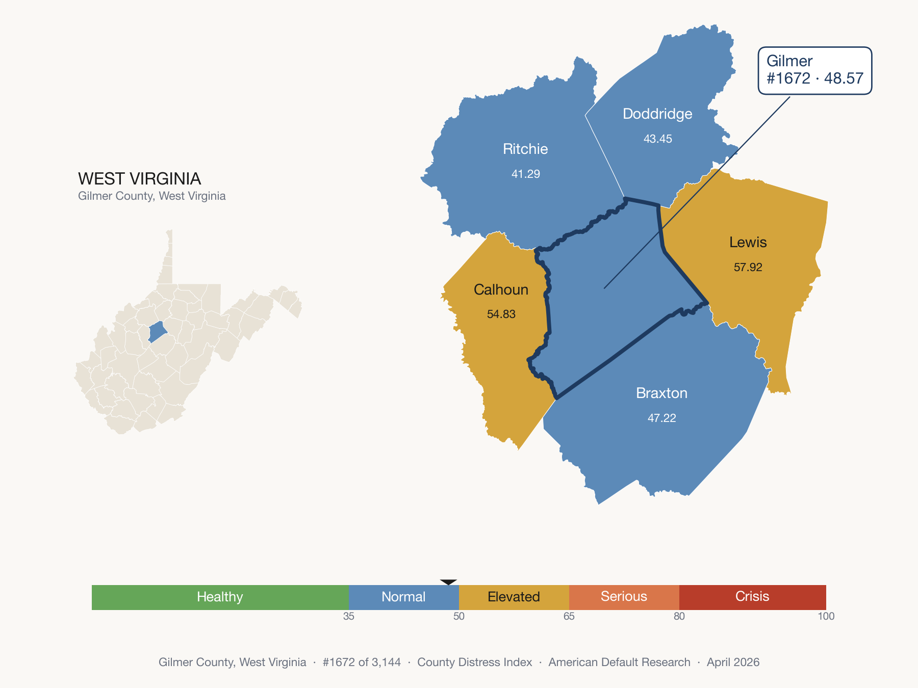 County Distress Index cluster map. Gilmer County, West Virginia and its neighbors colored by distress fifth.