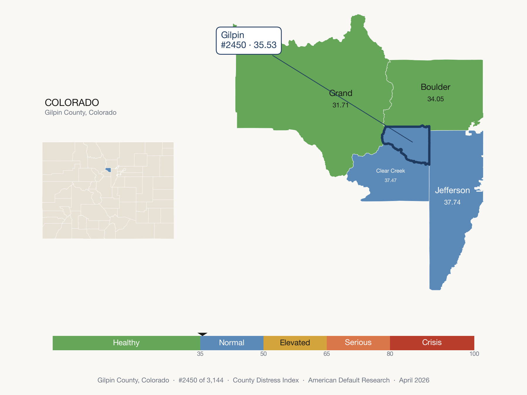 County Distress Index cluster map. Gilpin County, Colorado and its neighbors colored by distress fifth.