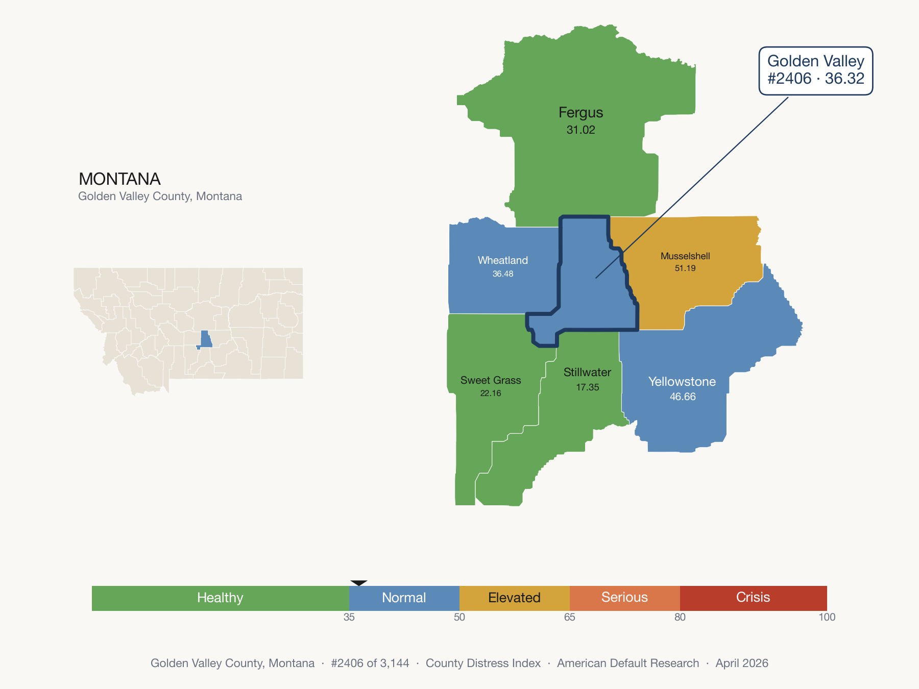 County Distress Index cluster map. Golden Valley County, Montana and its neighbors colored by distress fifth.