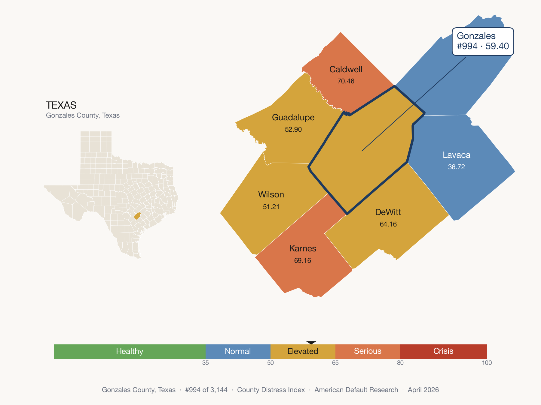 County Distress Index cluster map. Gonzales County, Texas and its neighbors colored by distress fifth.