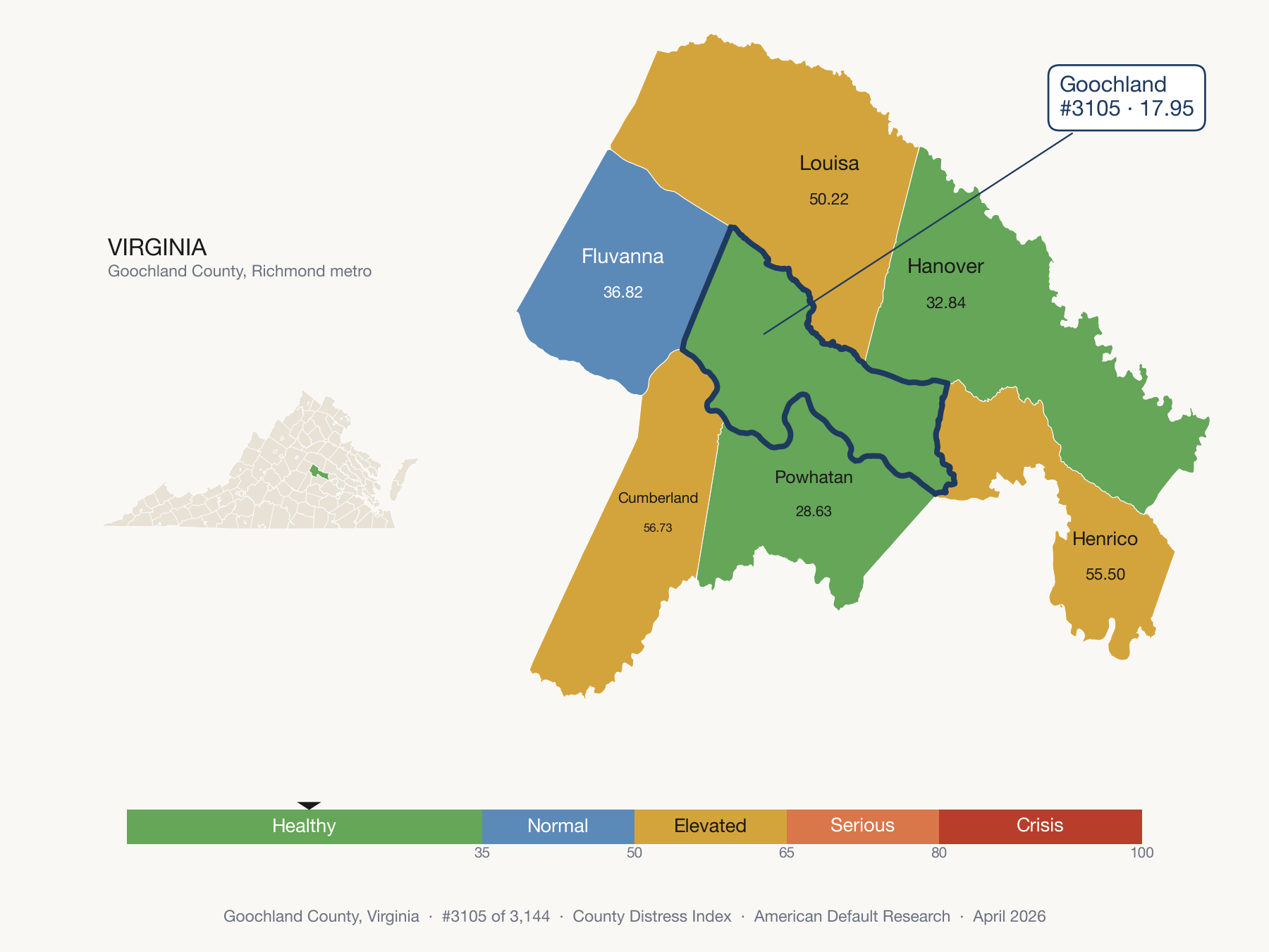 County Distress Index cluster map. Goochland County, Virginia and its neighbors colored by distress fifth.