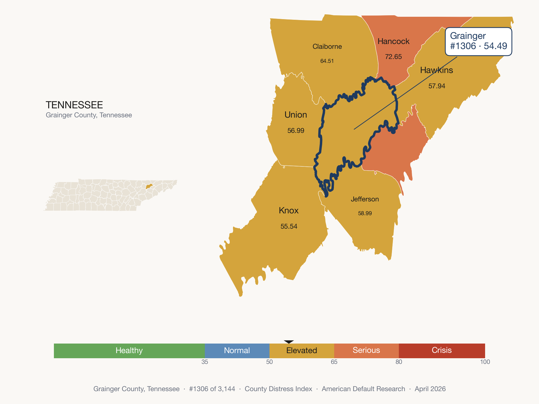 County Distress Index cluster map. Grainger County, Tennessee and its neighbors colored by distress fifth.