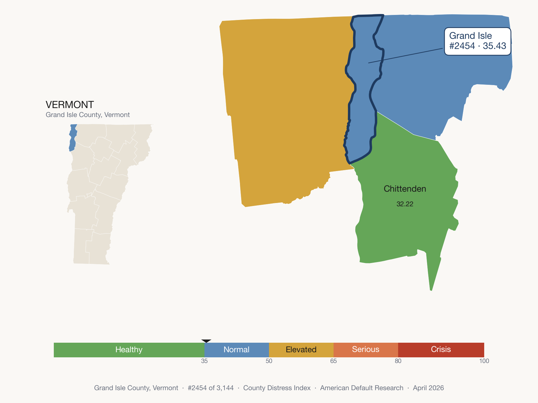 County Distress Index cluster map. Grand Isle County, Vermont and its neighbors colored by distress fifth.