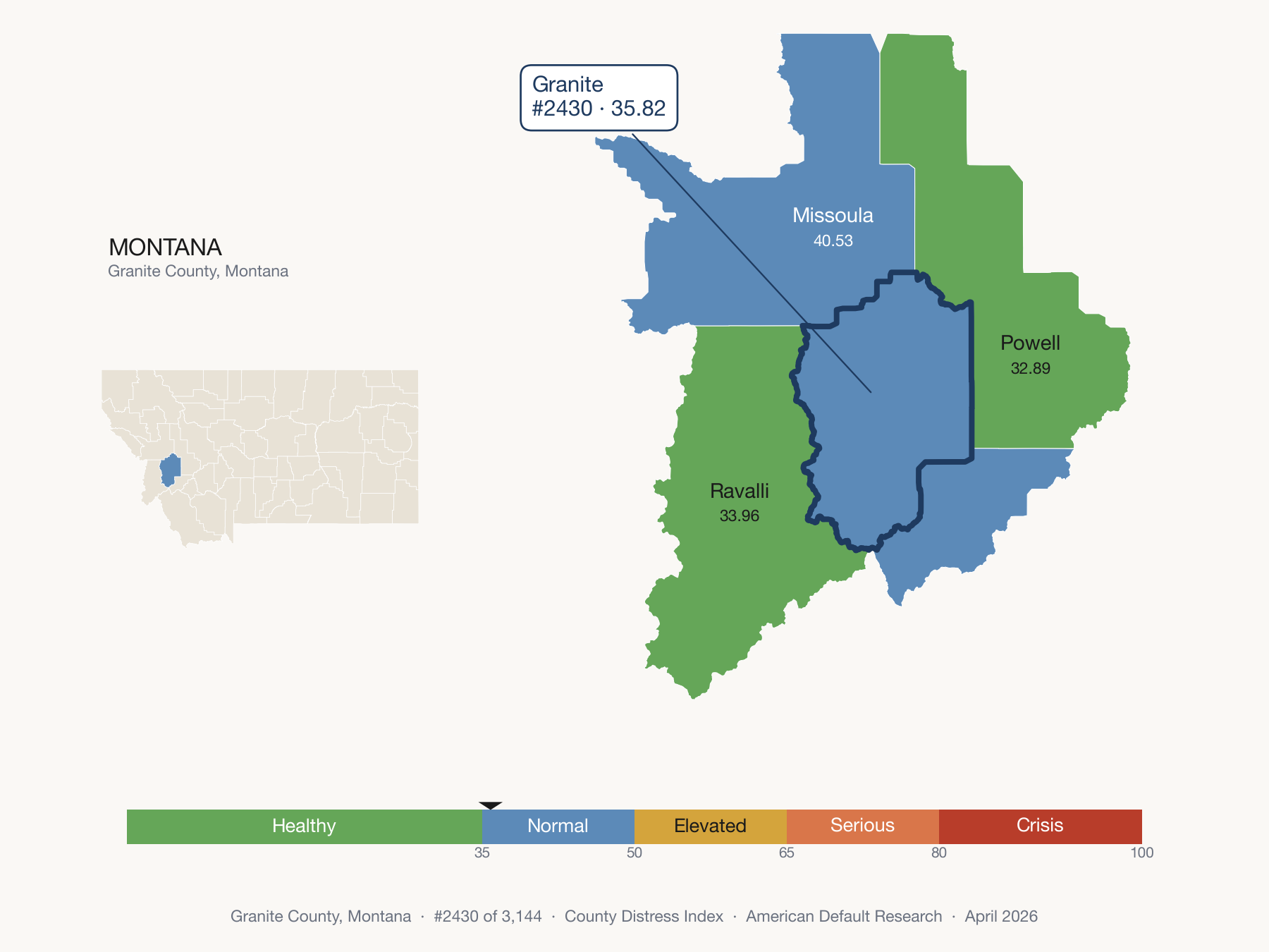 County Distress Index cluster map. Granite County, Montana and its neighbors colored by distress fifth.