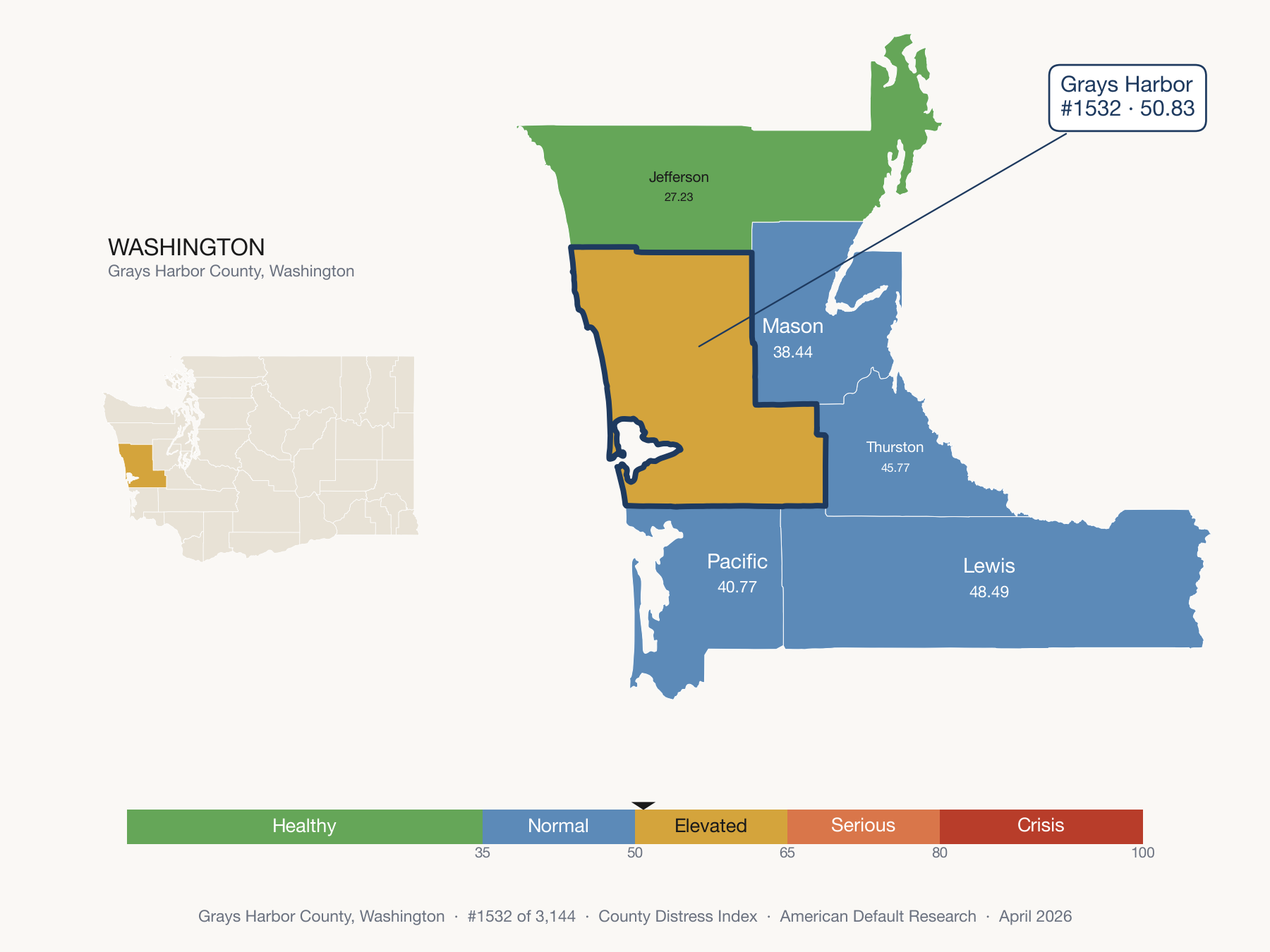 County Distress Index cluster map. Grays Harbor County, Washington and its neighbors colored by distress fifth.
